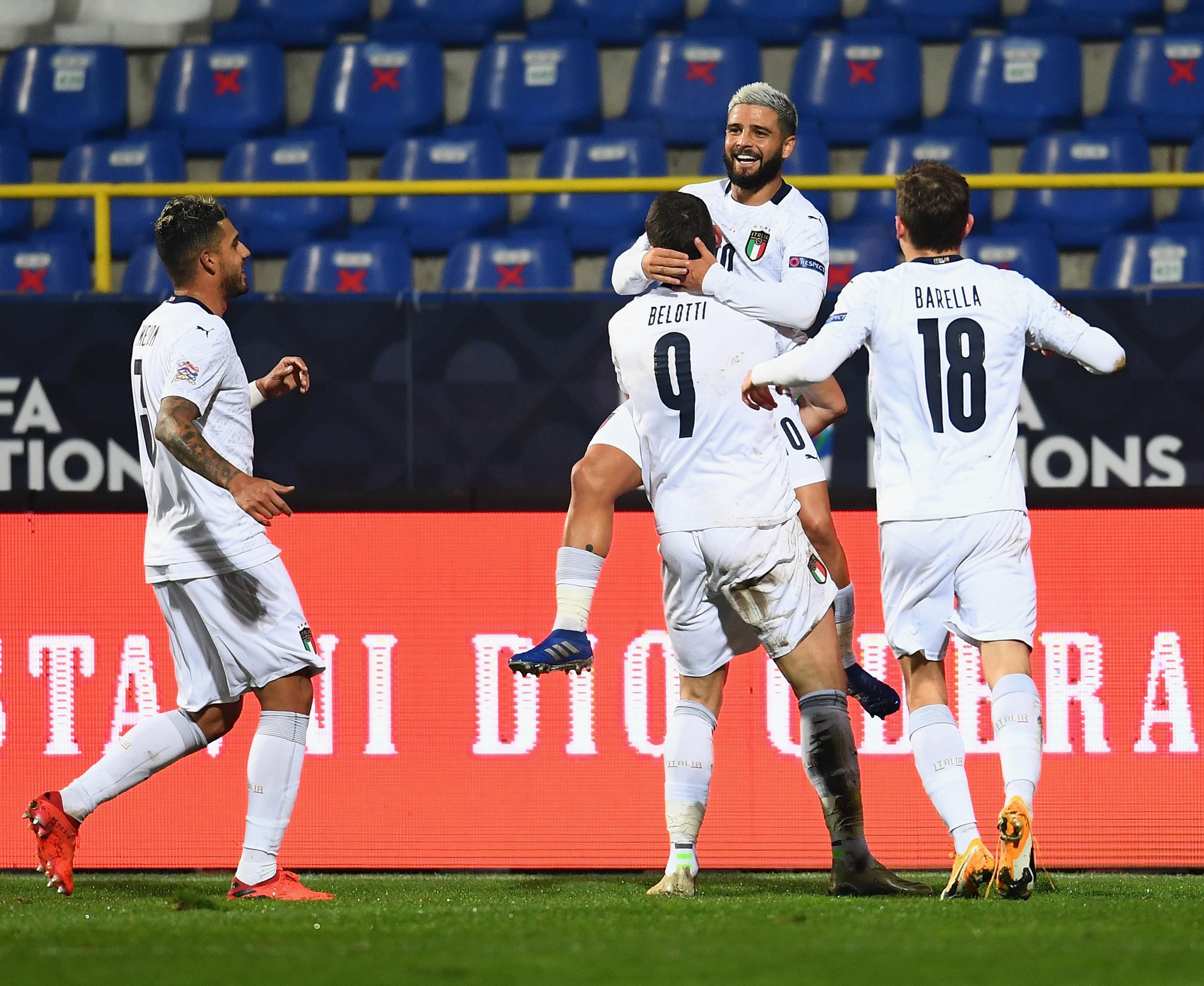 SARAJEVO, BOSNIA AND HERZEGOVINA - NOVEMBER 18: Andrea Belotti of Italy celebrates with team-mates after scoring the opening goal during the UEFA Nations League group stage match between Bosnia-Herzegovina and Italy at Bilino Polje Stadium on November 18, 2020 in Zenica, Bosnia and Herzegovina. (Photo by Claudio Villa/Getty Images) *** Local Caption *** Andrea Belotti