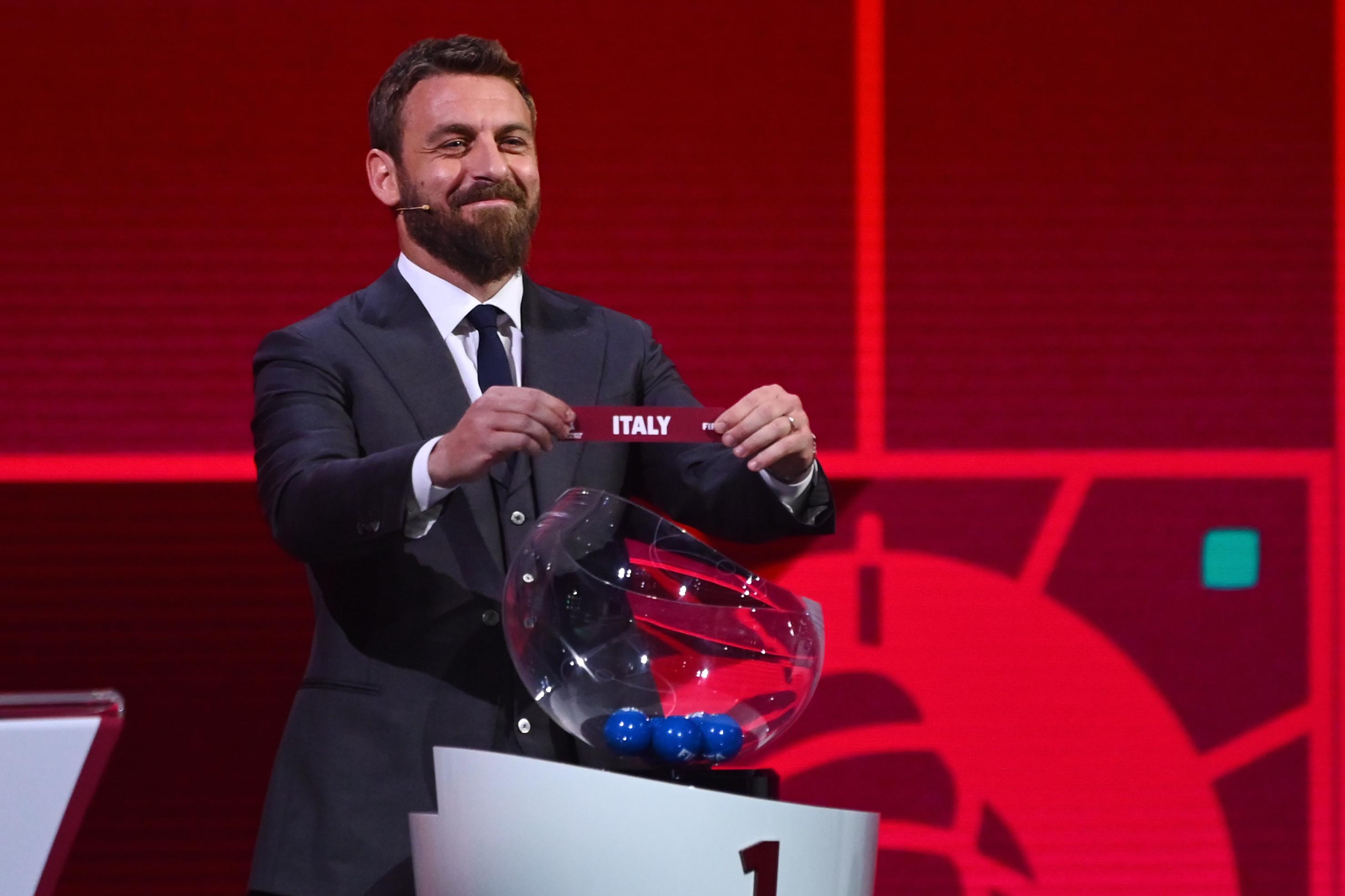 ZURICH, SWITZERLAND - DECEMBER 07: A general view of the stage for the UEFA preliminary draw for the FIFA World Cup 2022\\u2122 at the Hallenstadion, FIFA Legend Daniele De Rossi (l, Italy) picks out Italy on December 7, 2020 in Zurich, Switzerland. (Photo by FIFA/foto-net)