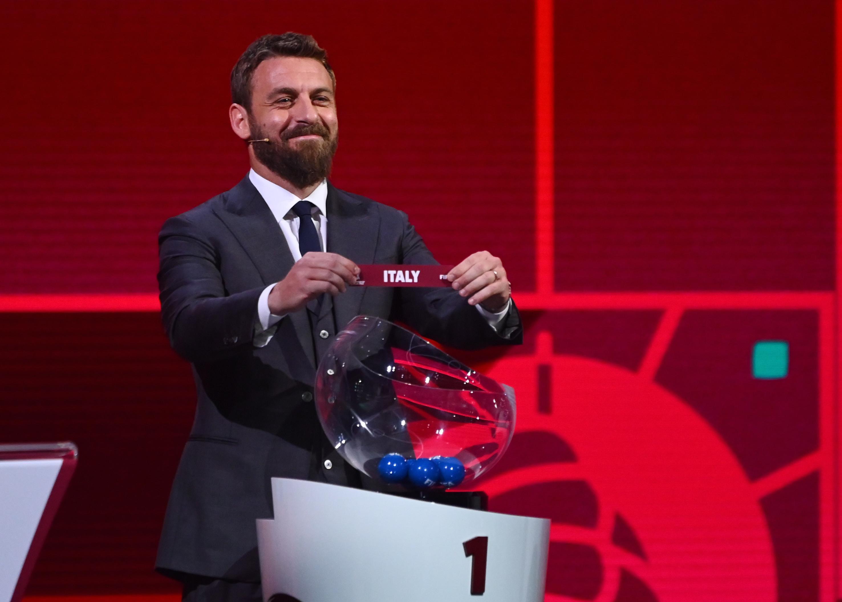 ZURICH, SWITZERLAND - DECEMBER 07: A general view of the stage for the UEFA preliminary draw for the FIFA World Cup 2022™ at the Hallenstadion, FIFA Legend Daniele De Rossi (l, Italy) picks out Italy on December 7, 2020 in Zurich, Switzerland. (Photo by FIFA/foto-net)
