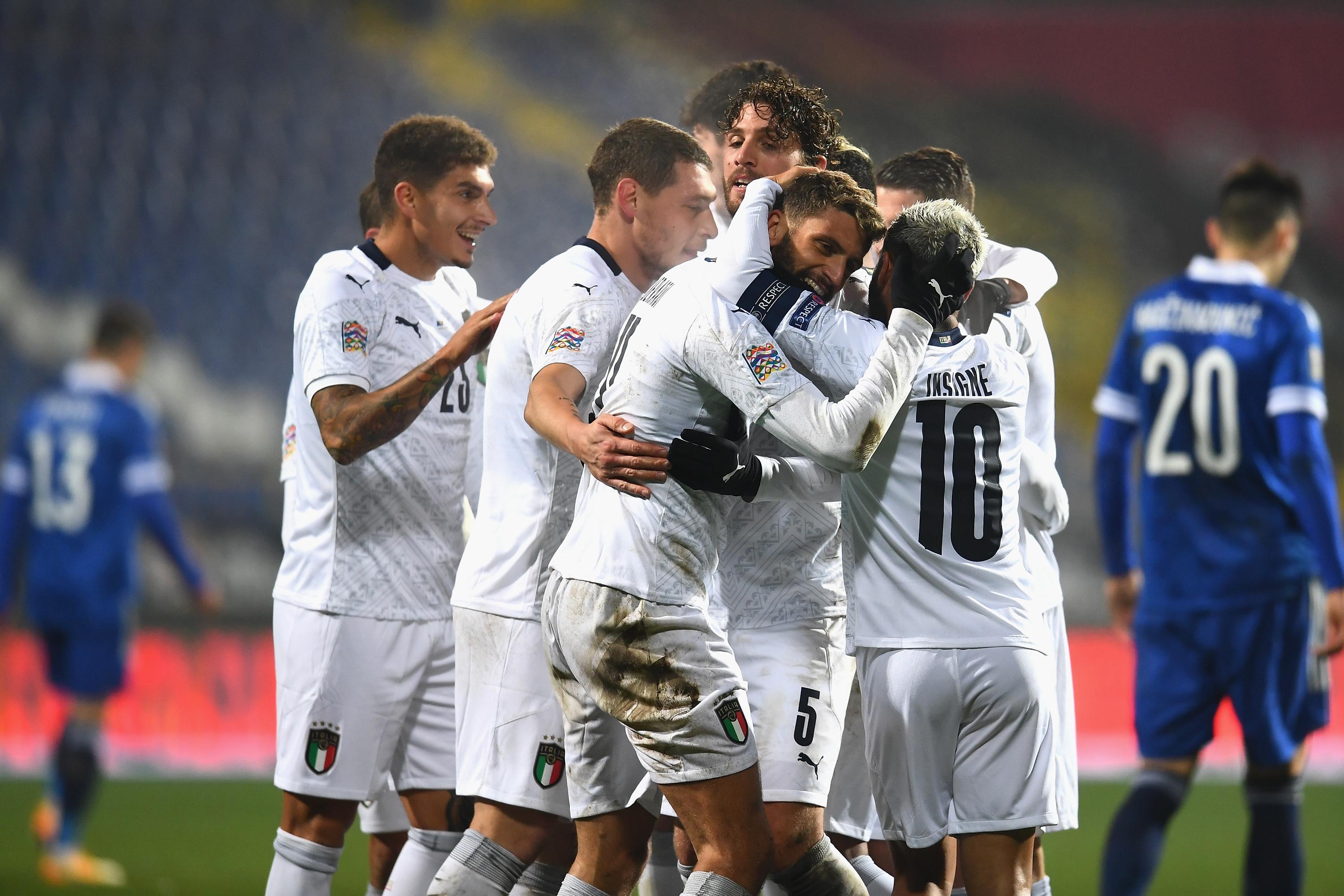 SARAJEVO, BOSNIA AND HERZEGOVINA - NOVEMBER 18:  Domenico Berardi of Italy celebrates with team-mates after scoring the second goal during the UEFA Nations League group stage match between Bosnia-Herzegovina and Italy at Bilino Polje Stadium on November 18, 2020 in Zenica, Bosnia and Herzegovina.  (Photo by Claudio Villa/Getty Images) *** Local Caption *** Domenico Berardi