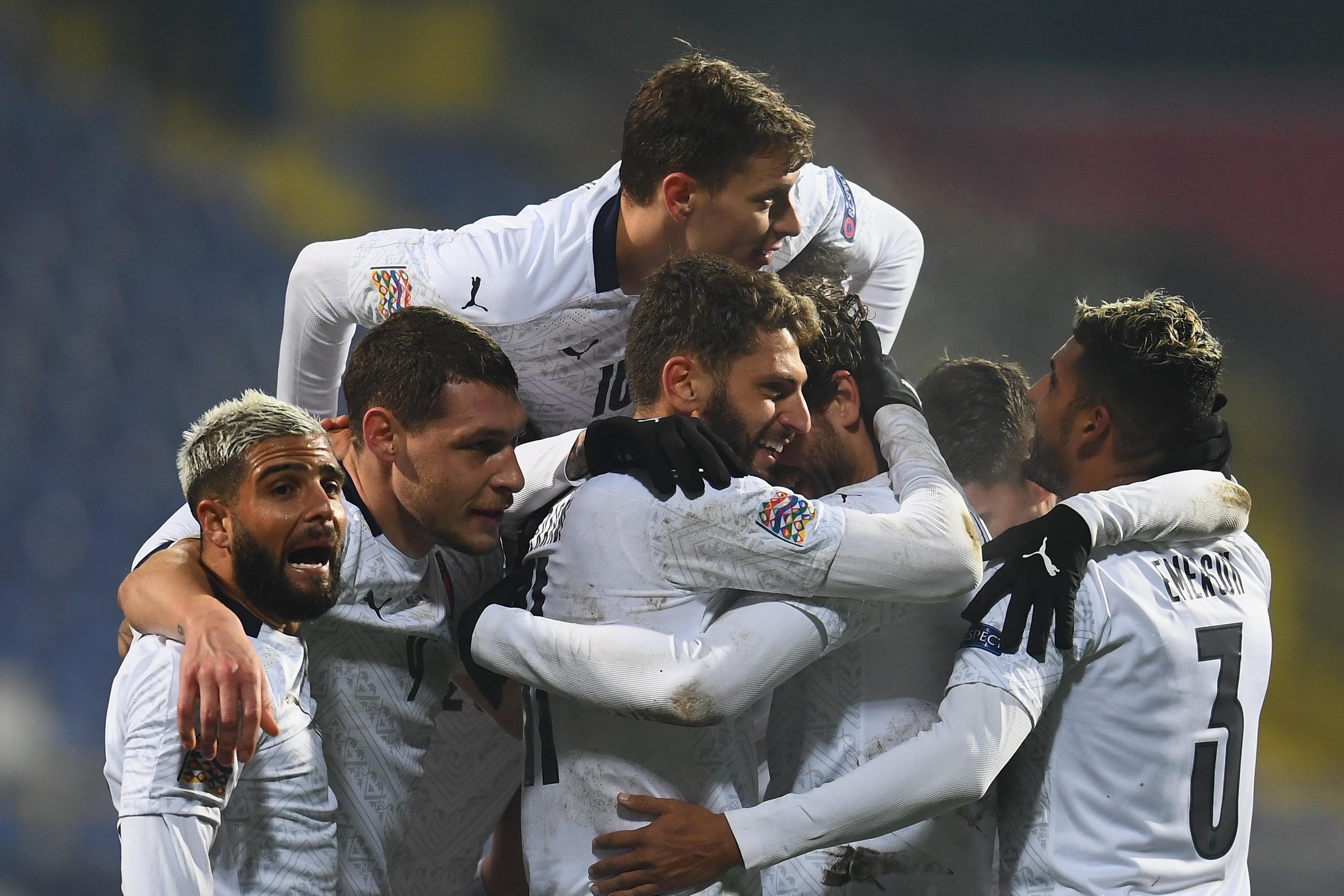 SARAJEVO, BOSNIA AND HERZEGOVINA - NOVEMBER 18:  Domenico Berardi of Italy celebrates with team-mates after scoring the second goal during the UEFA Nations League group stage match between Bosnia-Herzegovina and Italy at Bilino Polje Stadium on November 18, 2020 in Zenica, Bosnia and Herzegovina.  (Photo by Claudio Villa/Getty Images) *** Local Caption *** Domenico Berardi