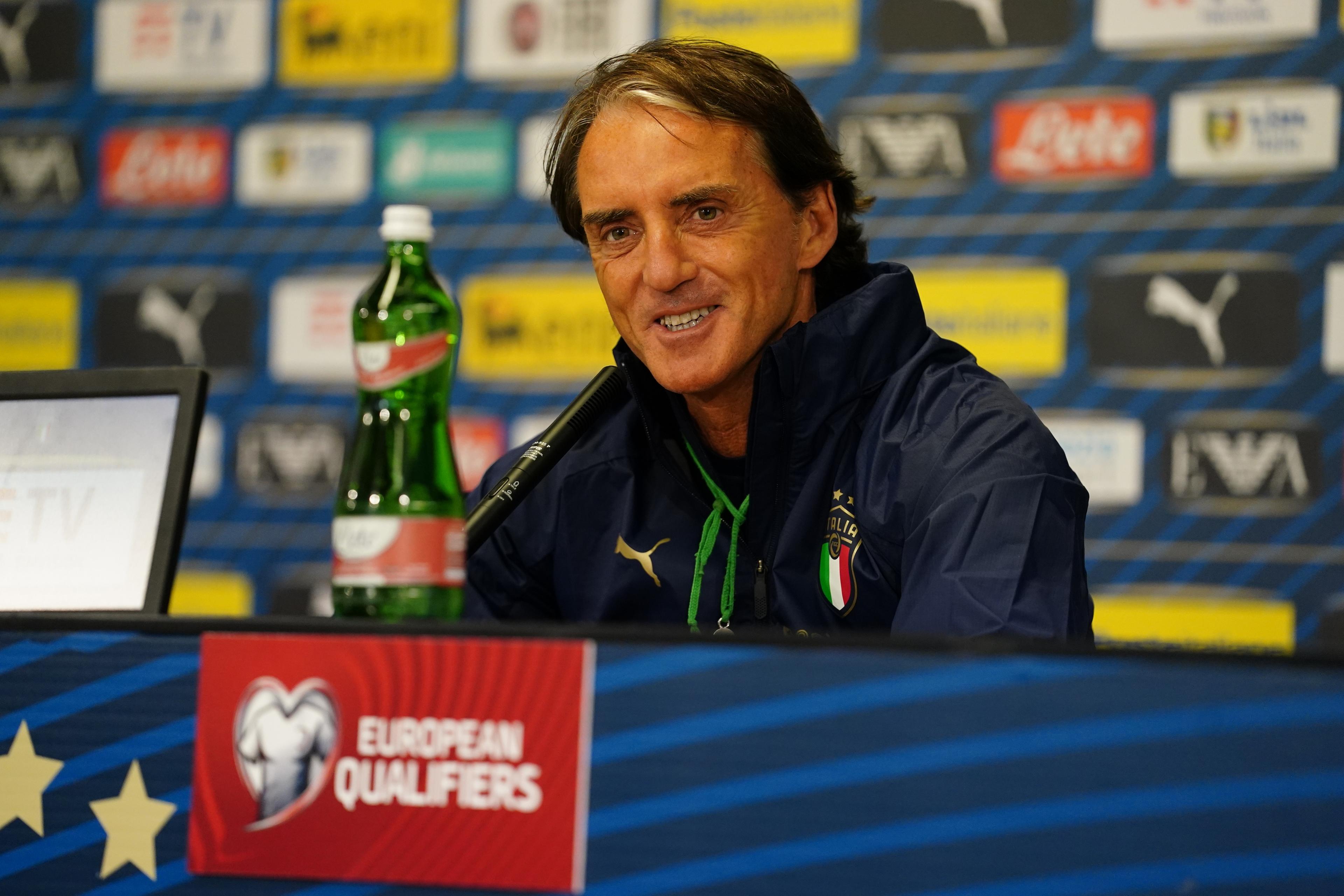 PARMA, ITALY - MARCH 24: Head coach Italy Roberto Mancini speaks with the media during press conference at Stadio Ennio Tardini on March 24, 2021 in Parma, Italy. (Photo by Claudio Villa/Getty Images)