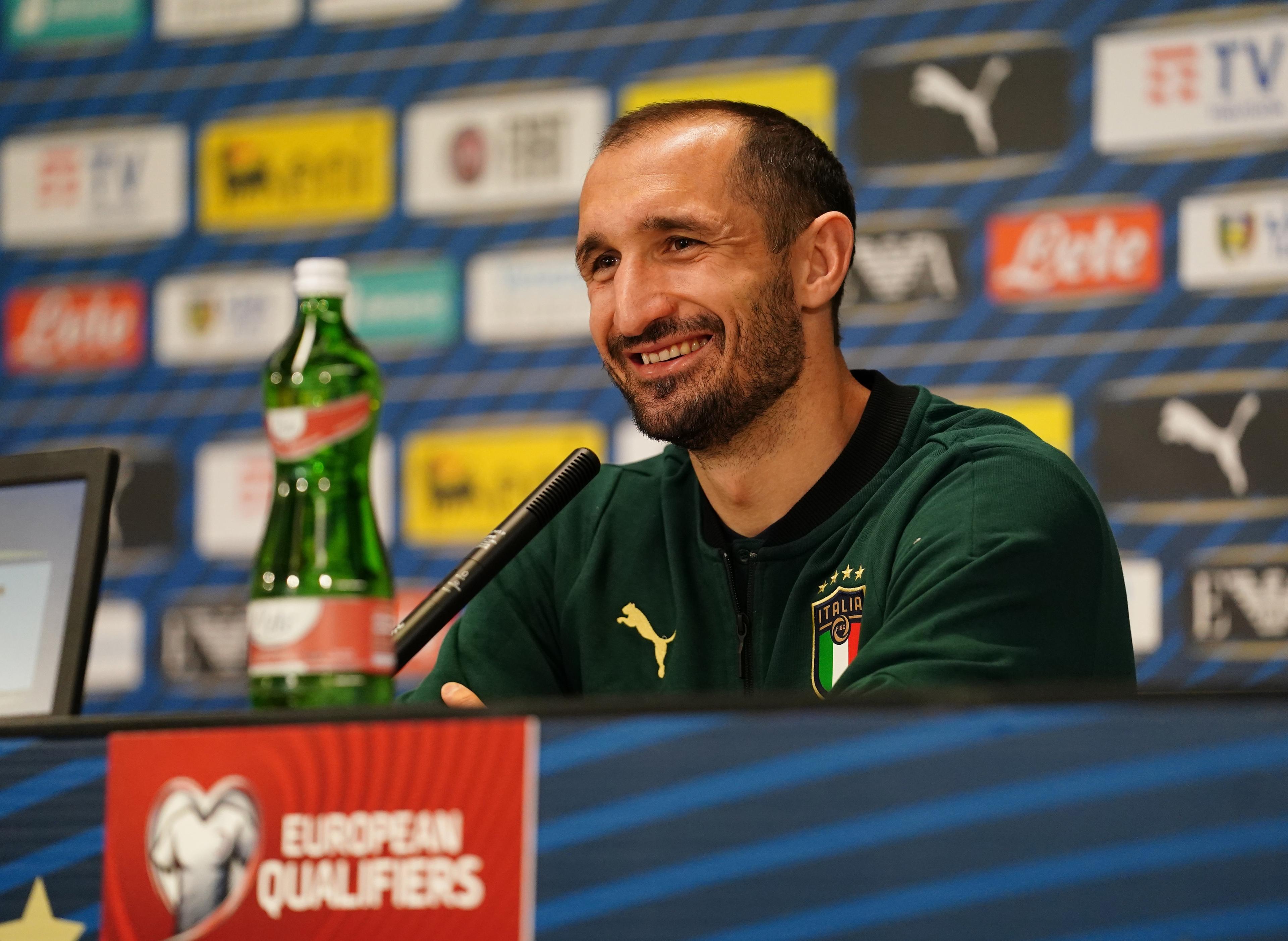 PARMA, ITALY - MARCH 24: Giorgio Chiellini of Italy speaks with the media during press conference at Stadio Ennio Tardini on March 24, 2021 in Parma, Italy. (Photo by Claudio Villa/Getty Images)