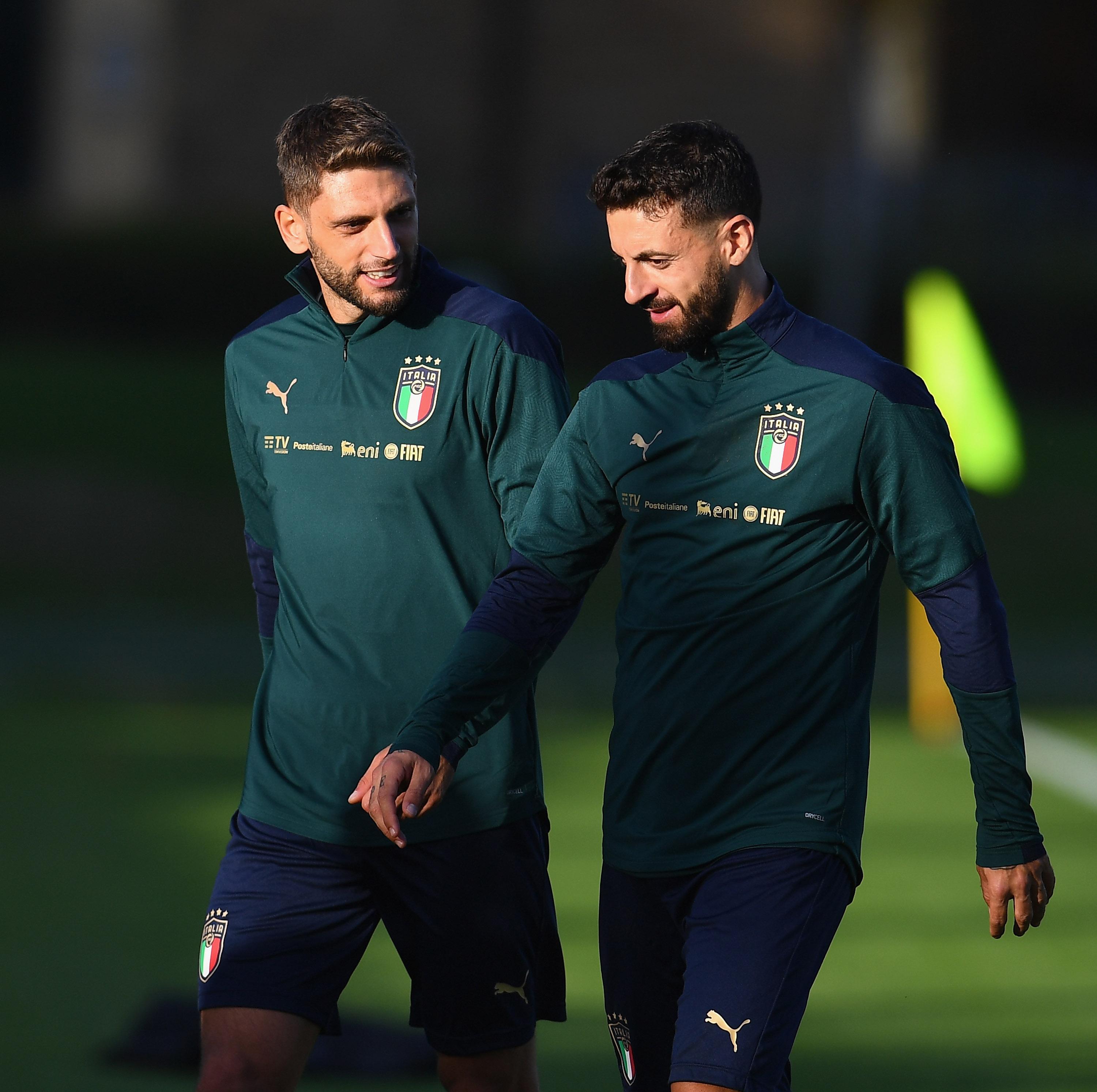 FLORENCE, ITALY - OCTOBER 06: Domenico Berardi and Francesco Caputo during an Italy training session at Centro Tecnico Federale di Coverciano on October 06, 2020 in Florence, Italy. (Photo by Claudio Villa/Getty Images)