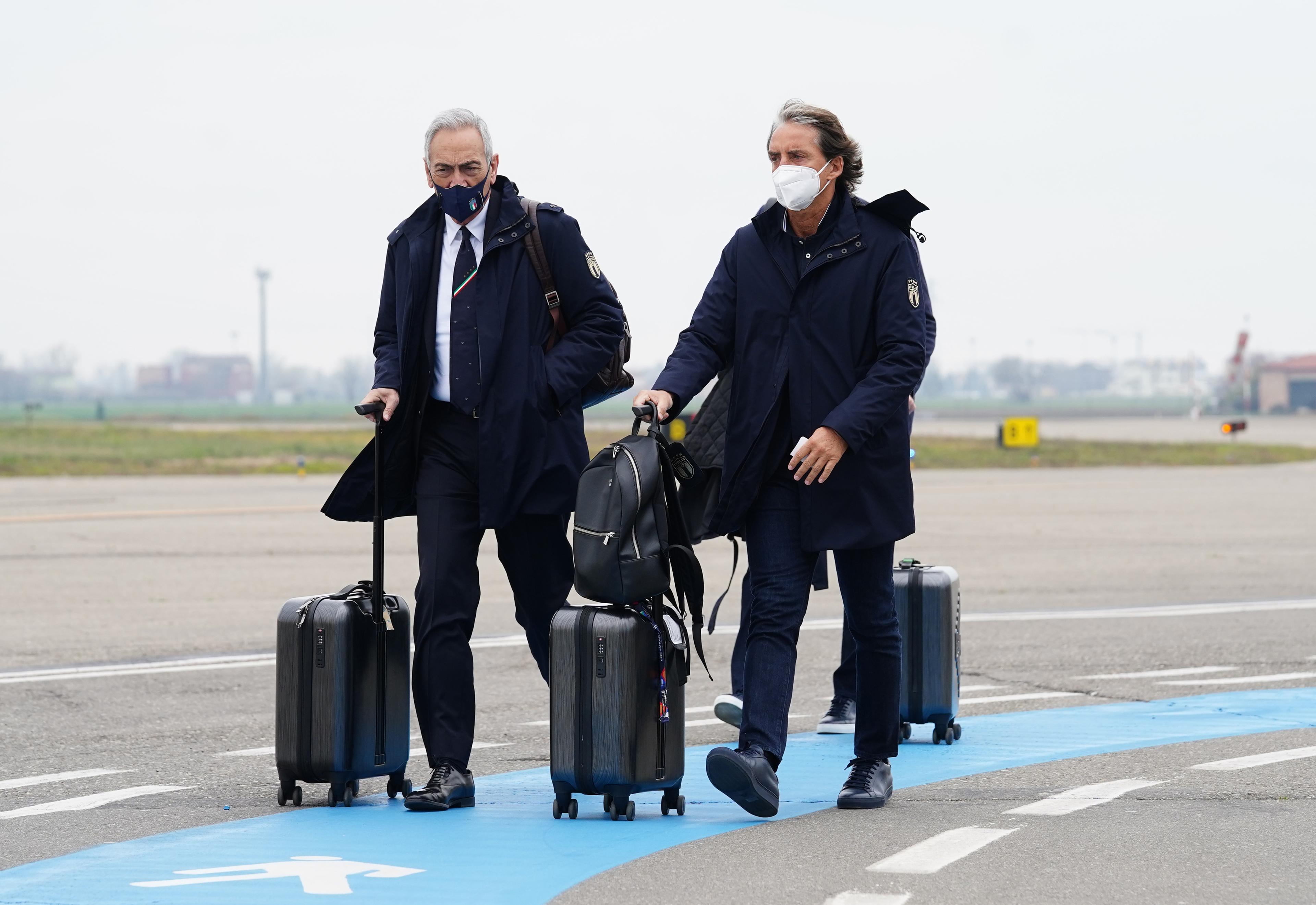 PARMA, ITALY - MARCH 27: President FIGC Gabriele Gravina and Head coach Italy Roberto Mancini depart for Sofia on March 27, 2021 in Parma, Italy. (Photo by Claudio Villa/Getty Images)