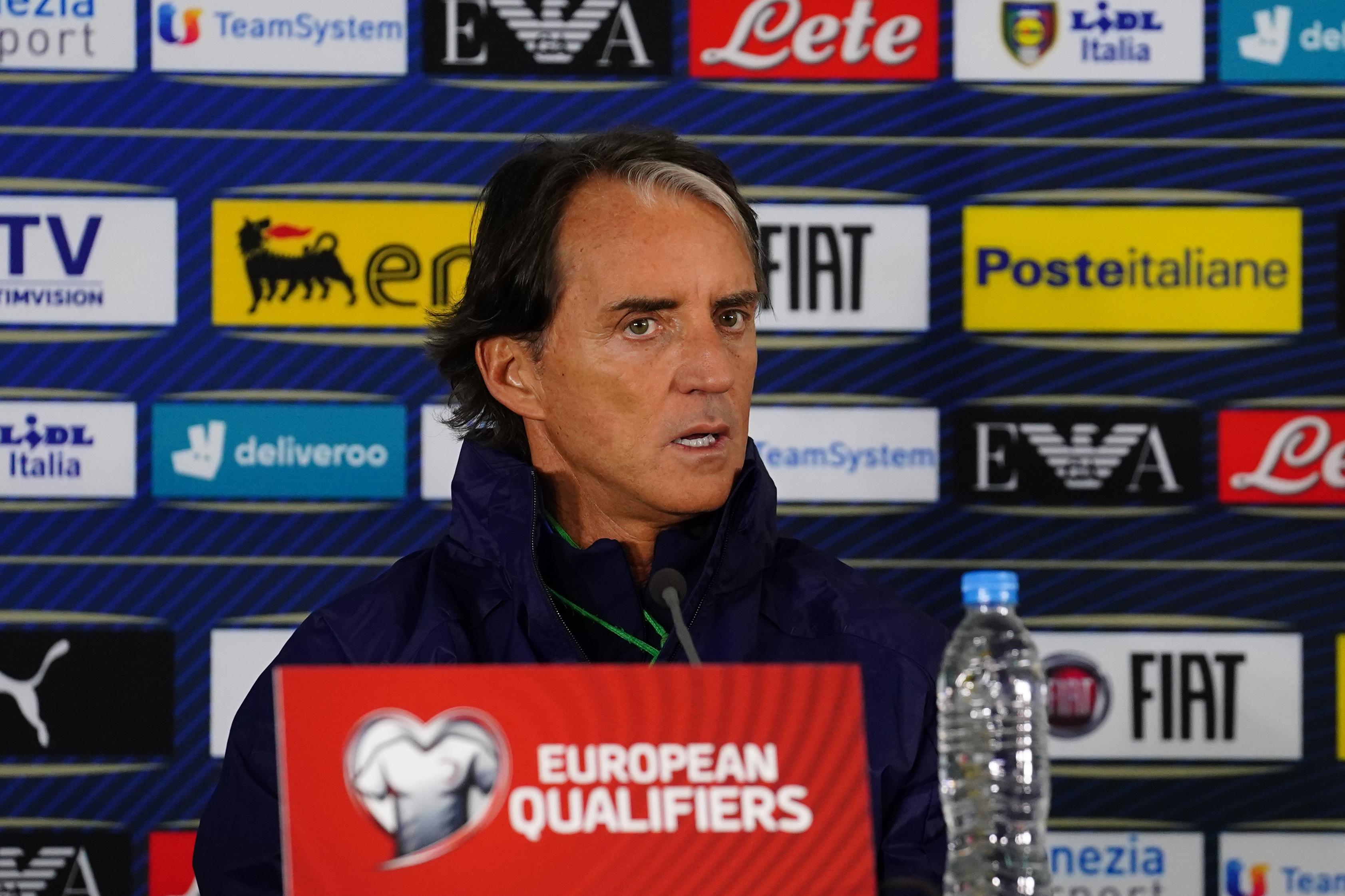 SOFIA, BULGARIA - MARCH 27: Head coach Italy Roberto Mancini speaks with the media during press conference at Vasil Levski National Stadium on March 27, 2021 in Sofia, Bulgaria. (Photo by Claudio Villa/Getty Images)
