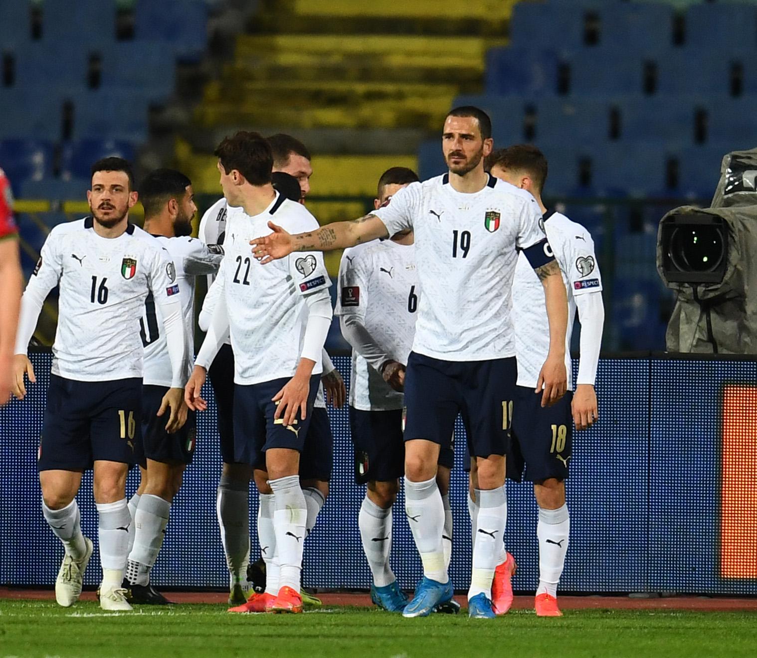 SOFIA, BULGARIA - MARCH 28: Andrea Belotti of Italy (C) celebrates after scoring the opening goal during the FIFA World Cup 2022 Qatar qualifying match between Bulgaria and Italy on March 28, 2021 in Sofia, Bulgaria. (Photo by Claudio Villa/Getty Images)