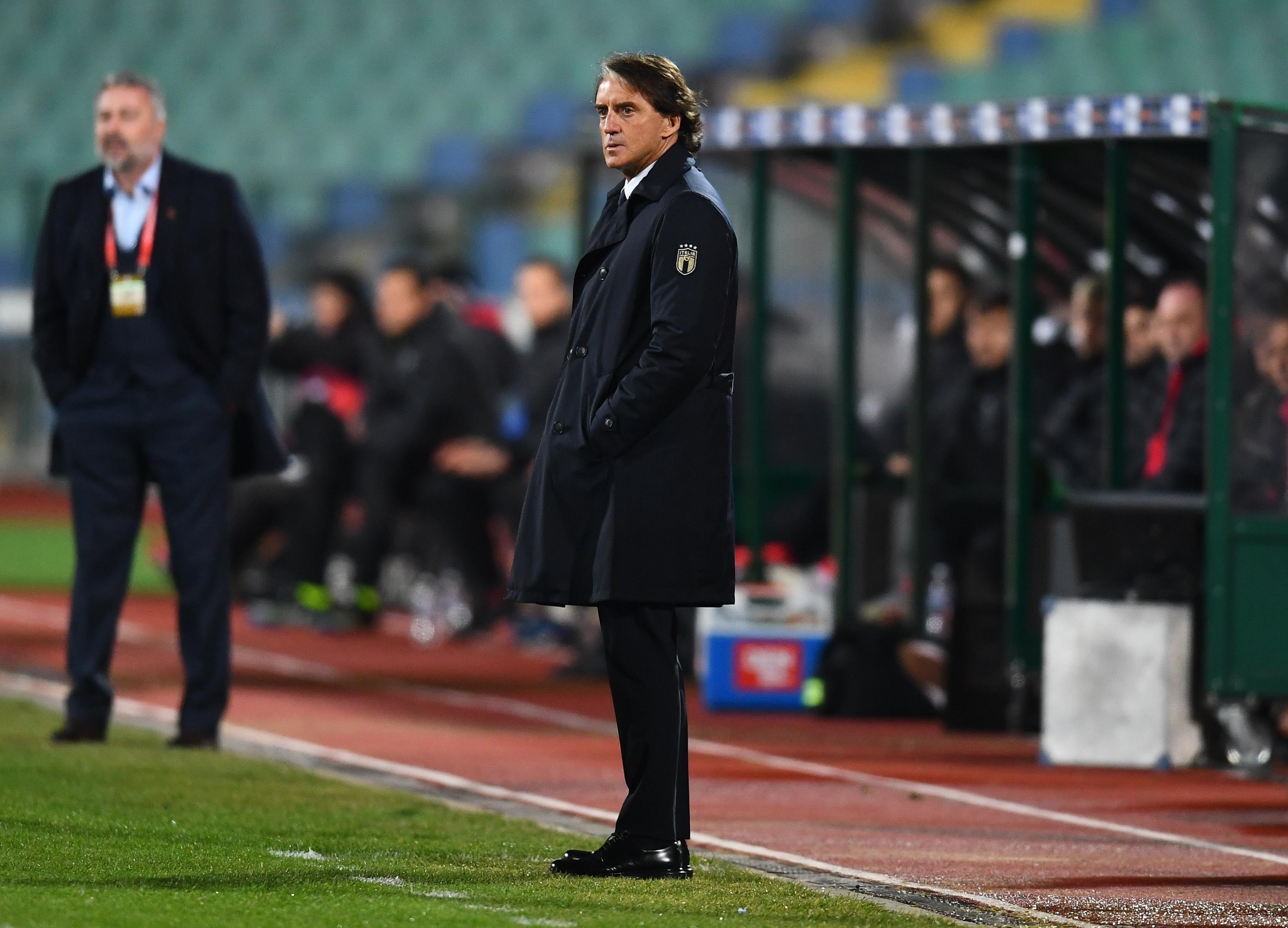 SOFIA, BULGARIA - MARCH 28: Head coach of Itlay Roberto Mancini reacts during the FIFA World Cup 2022 Qatar qualifying match between Bulgaria and Italy on March 28, 2021 in Sofia, Bulgaria. (Photo by Claudio Villa/Getty Images)