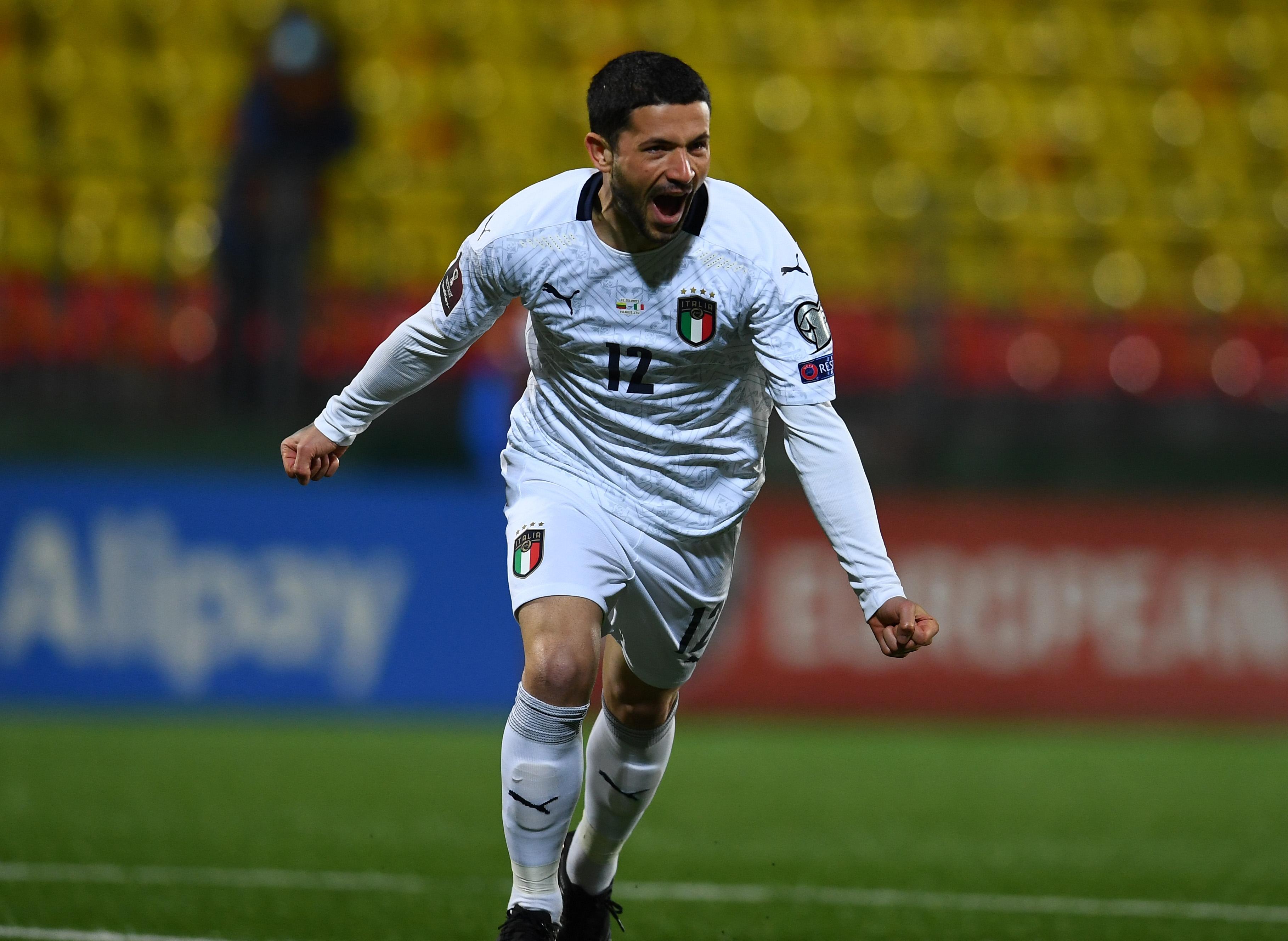 VILNIUS, LITHUANIA - MARCH 31: Stefano Sensi of Italy celebrates after scoring the opening goal during the FIFA World Cup 2022 Qatar qualifying match between Lithuania and Italy on March 31, 2021 in Vilnius, Lithuania. (Photo by Claudio Villa/Getty Images)