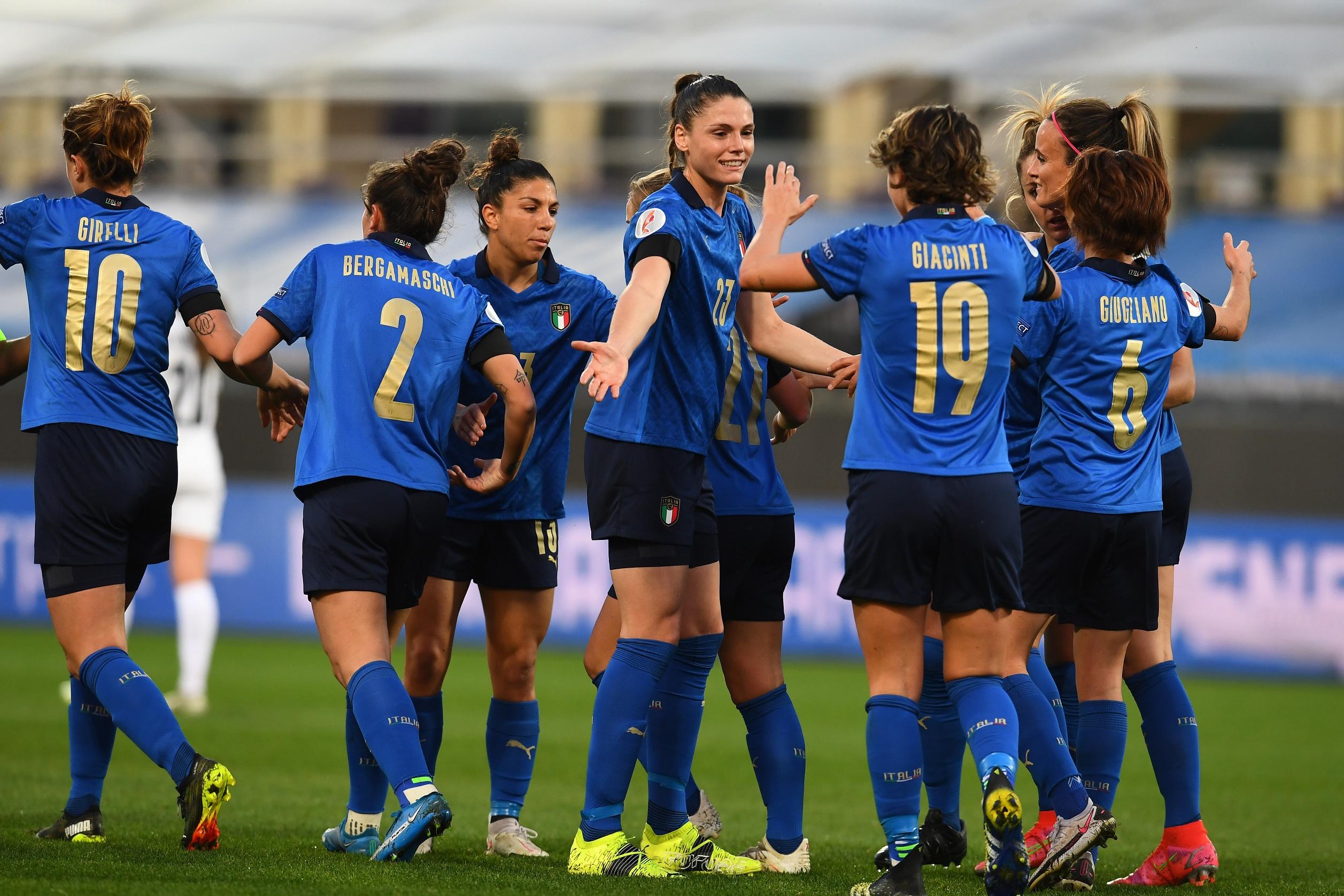 FLORENCE, ITALY - FEBRUARY 24: Valentina Giacinti of Italy celebrates after scoring the third goal during the UEFA Women\\'s EURO 2022 Qualifier match between Italy and Israel at Stadio Artemio Franchi on February 24, 2021 in Florence, Italy. (Photo by Claudio Villa/Getty Images)