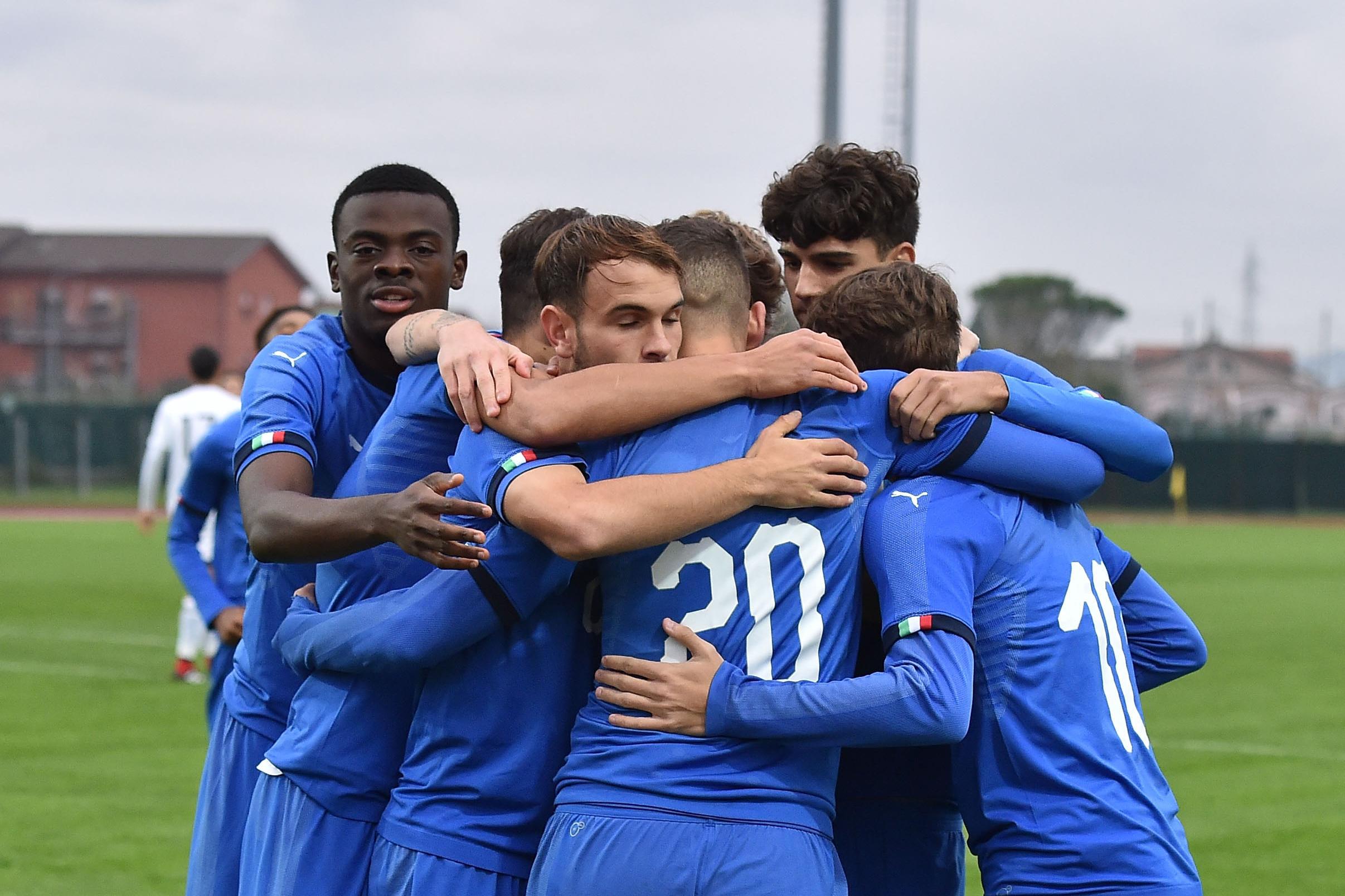 SANT\\'ARCANGELO DI ROMAGNA, ITALY - NOVEMBER 16:  Sebastiano Esposito of Italy U19 celebrates after scoring the opening goal during the UEFA European Under-19 Championship qualifying round match between Italy U19 and Cyprus U19 on November 16, 2019 in Sant\\'Arcangelo di Romagna, Italy.  (Photo by Giuseppe Bellini/Getty Images)