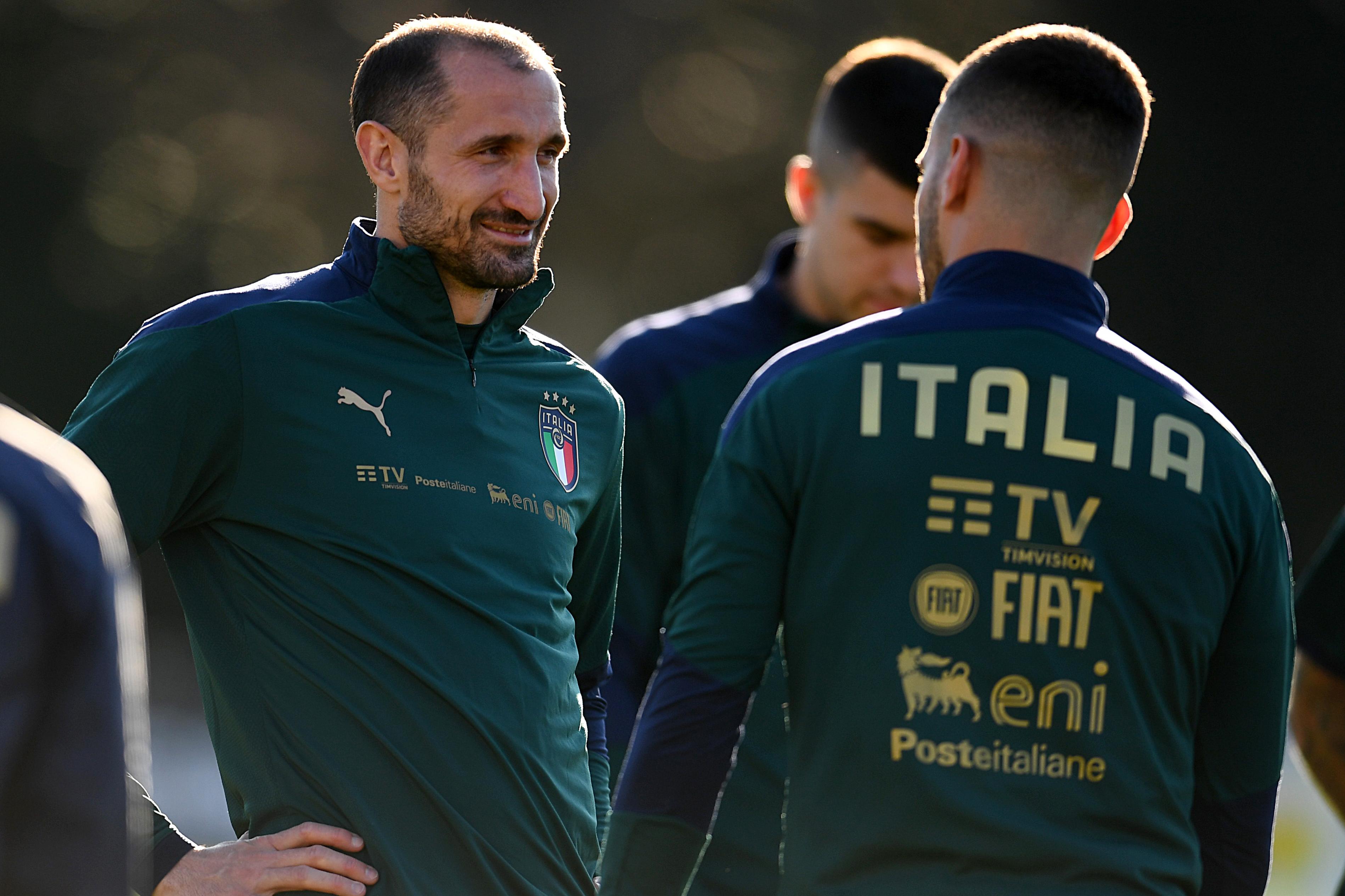FLORENCE, ITALY - MARCH 22: Giorgioo Chiellini smiles during an Italy training session at Centro Tecnico Federale di Coverciano on March 22, 2021 in Florence, Italy. (Photo by Claudio Villa/Getty Images)