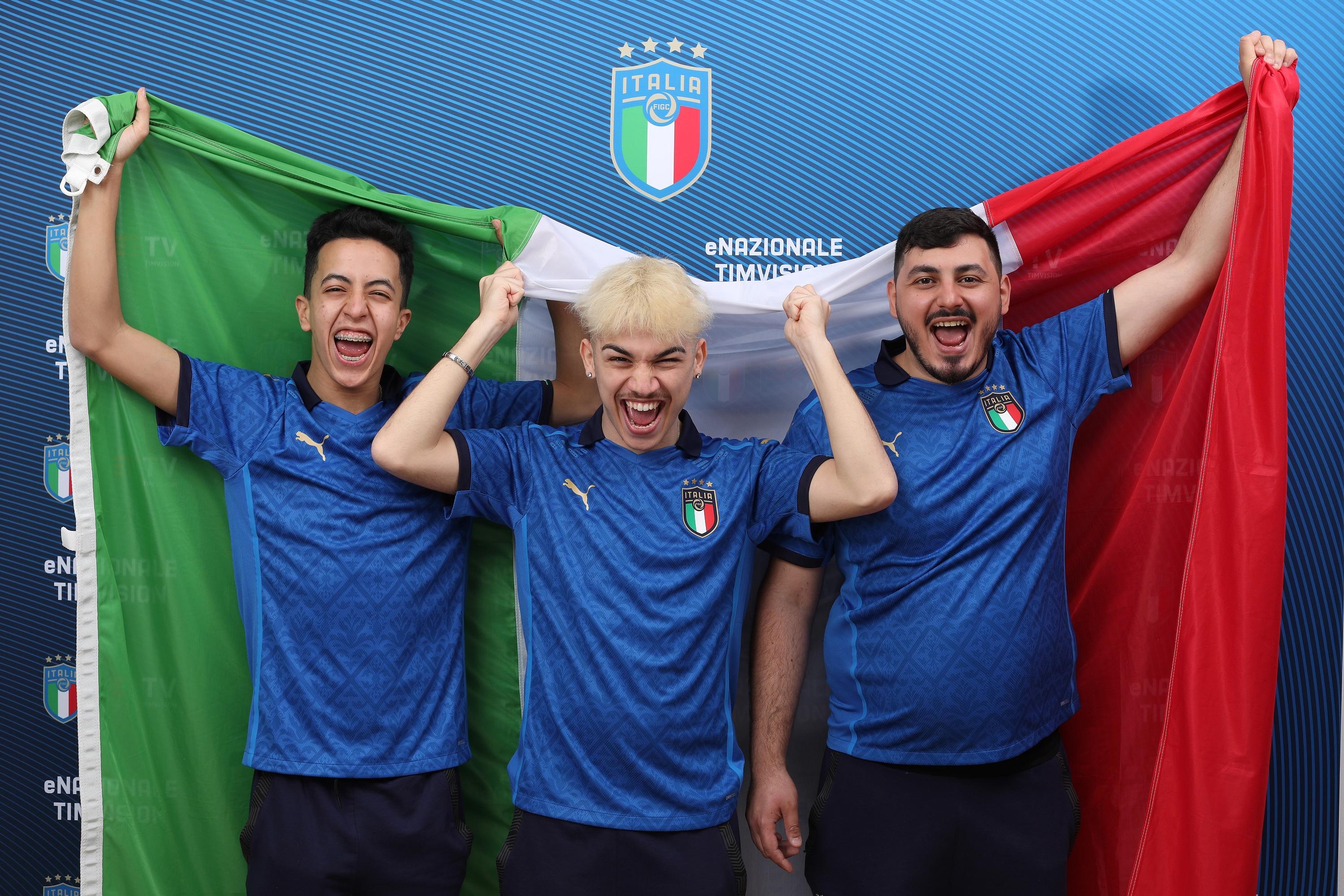 MILAN, ITALY - MAY 20: Karim Rmaiti, Rocco Guarino and Gianluca Pignone of Italy pose for a photo ahead the FIFA eNations Cup 2021 Qualifiers on May 20, 2021 in Milan, Italy. (Photo by Vincenzo Lombardo/Getty Images)