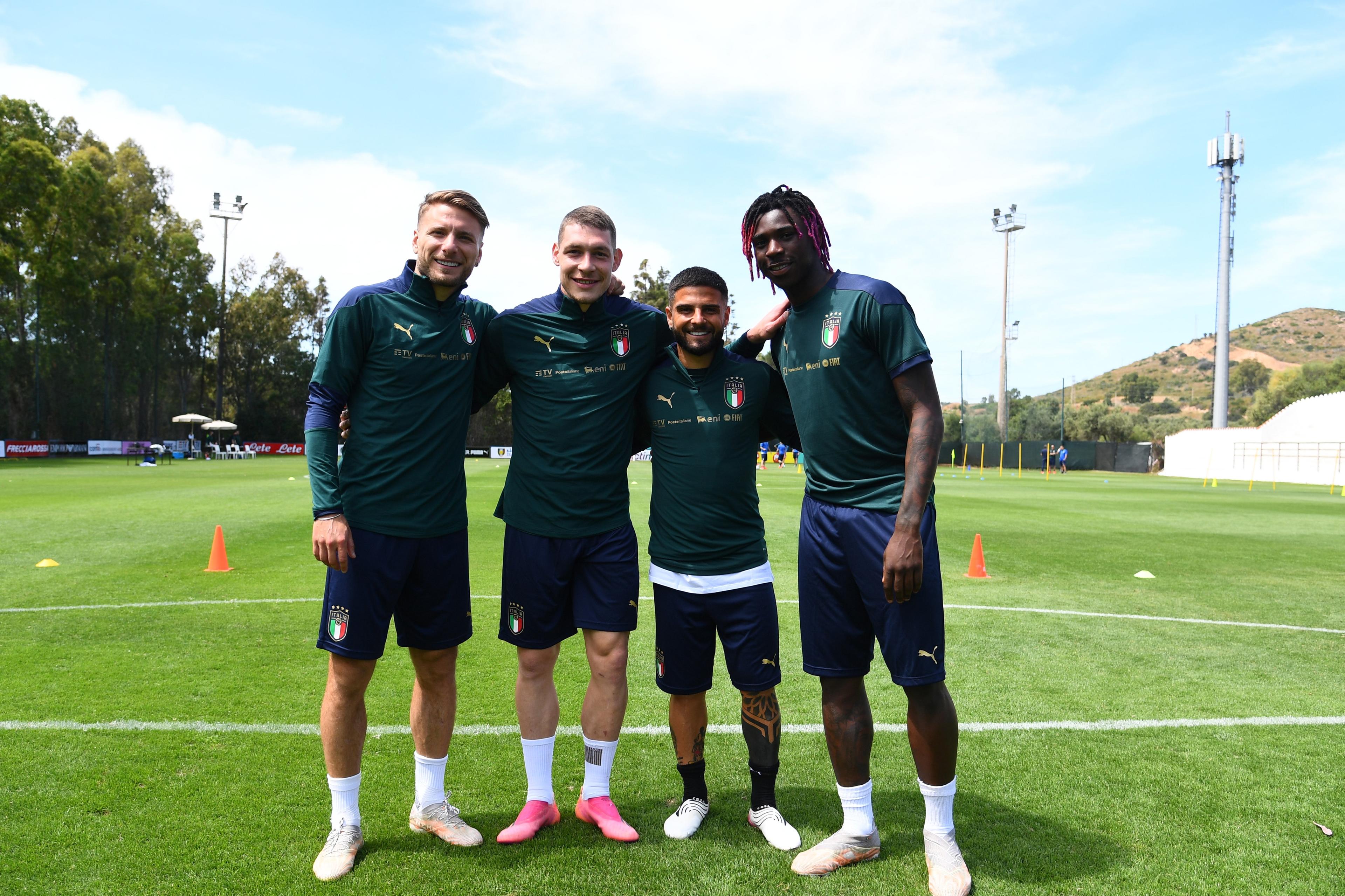 SANTA MARGHERITA DI PULA, ITALY - MAY 25: Ciro Immobile, Andrea Belotti, Lorenzo Insigne and Moise Kean of Italy pose for a photo during training session at Forte Village Resort on May 25, 2021 in Santa Margherita di Pula, Italy. (Photo by Claudio Villa/Getty Images)