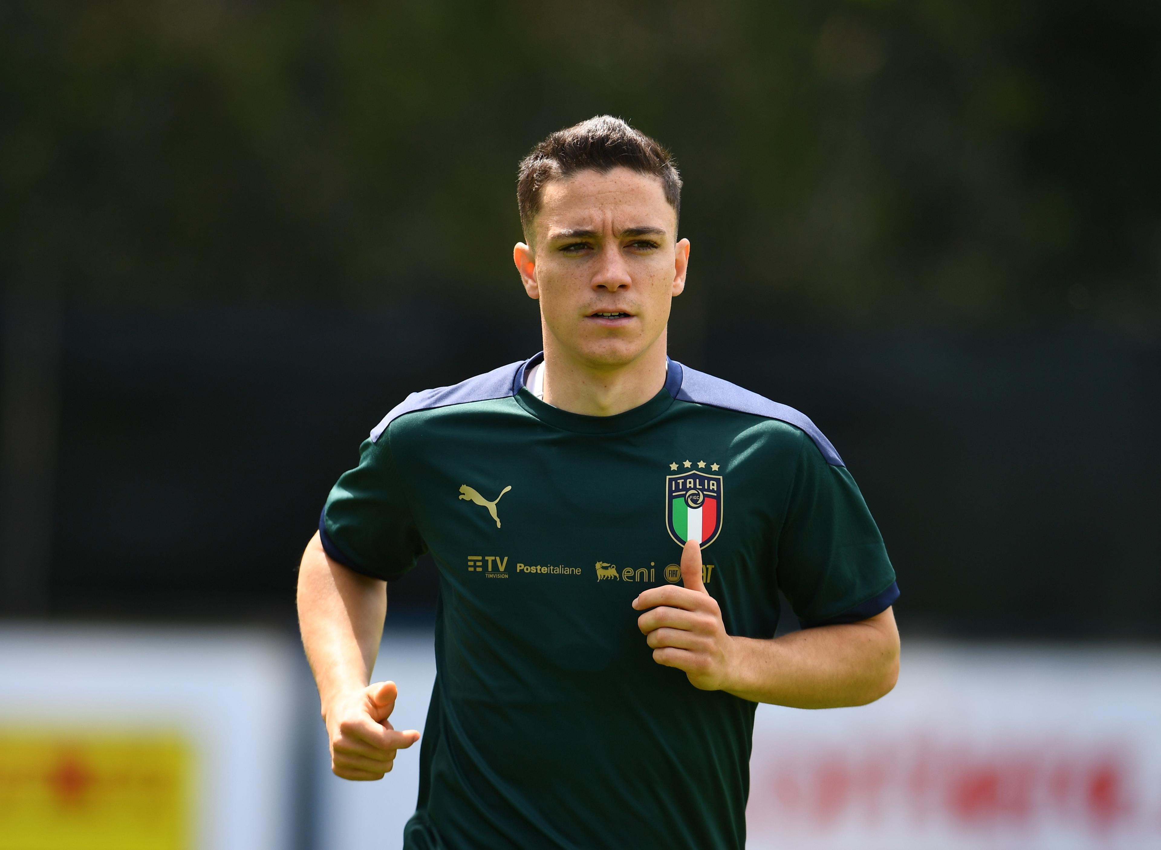 SANTA MARGHERITA DI PULA, ITALY - MAY 25: Giacomo Raspadori of Italy in action during training session at Forte Village Resort on May 25, 2021 in Santa Margherita di Pula, Italy. (Photo by Claudio Villa/Getty Images)