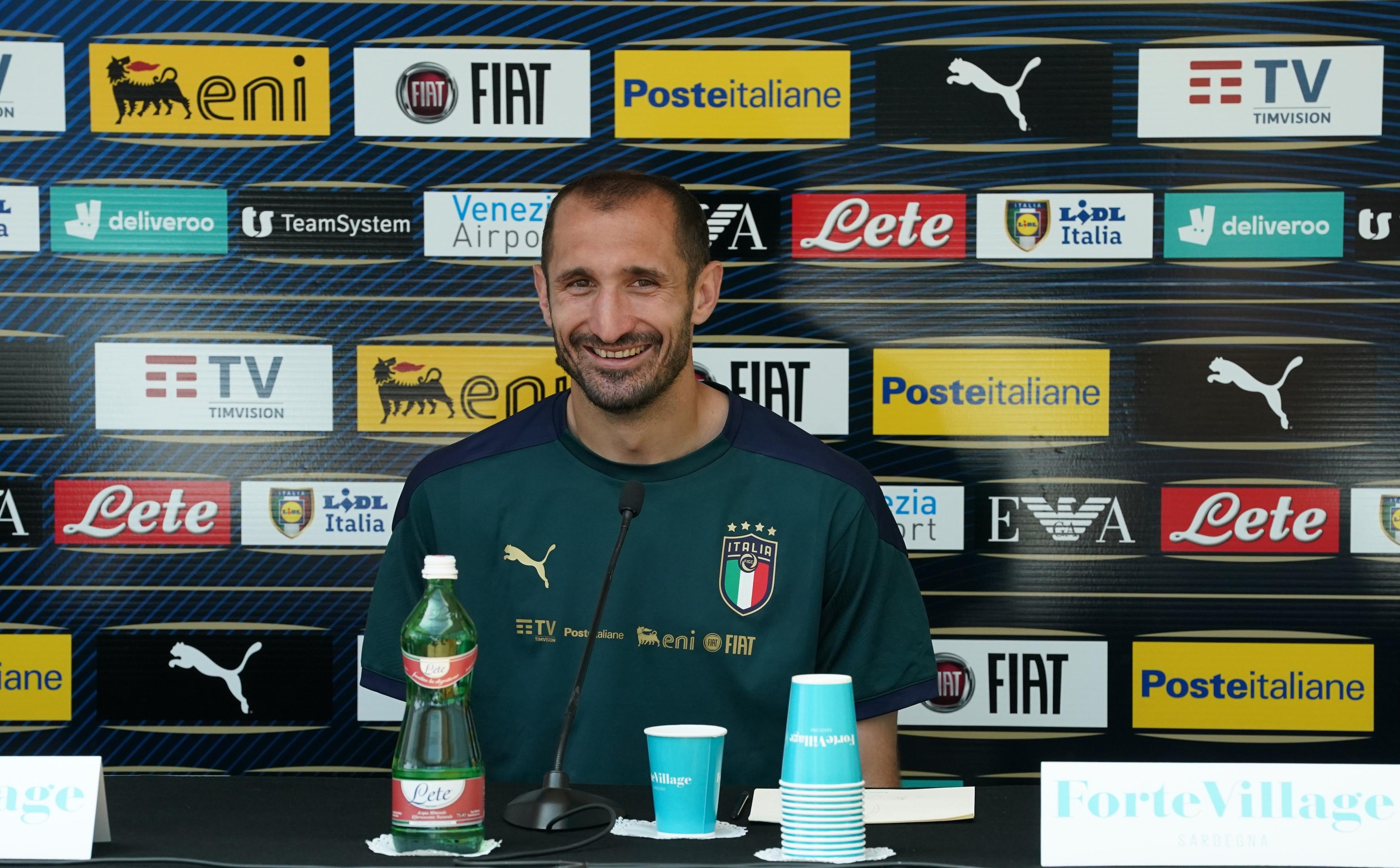 SANTA MARGHERITA DI PULA, ITALY - MAY 27: Giorgio Chiellini of Italy speaks with the media during a press conference at Forte Village Resort on May 27, 2021 in Santa Margherita di Pula, Italy. (Photo by Claudio Villa/Getty Images)
