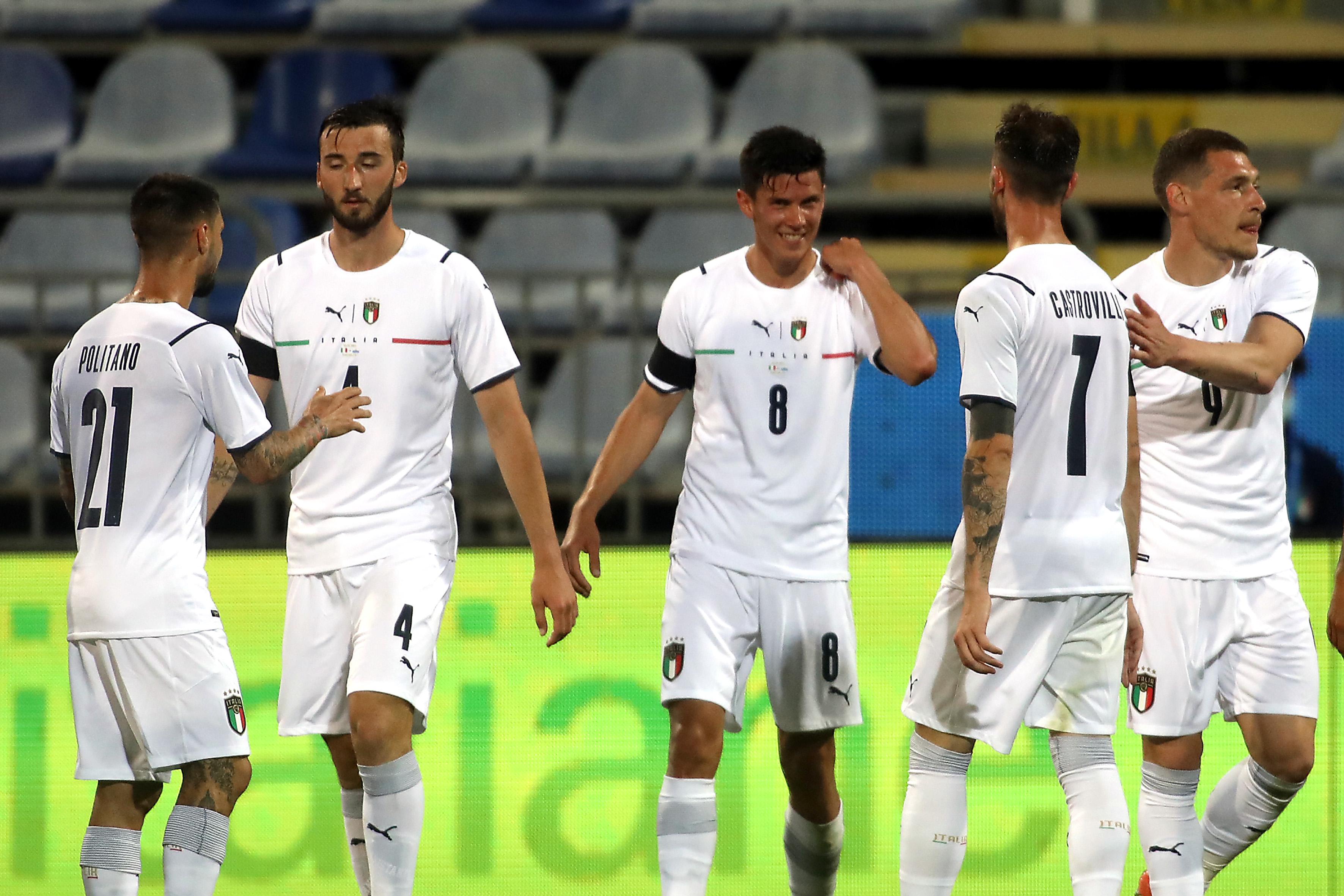 CAGLIARI, ITALY - MAY 28: Matteo Pessina of Italy celebrates his goal 5-0 during the international friendly match between Italy and San Marino at on May 28, 2021 in Cagliari, Italy. (Photo by Enrico Locci/Getty Images)