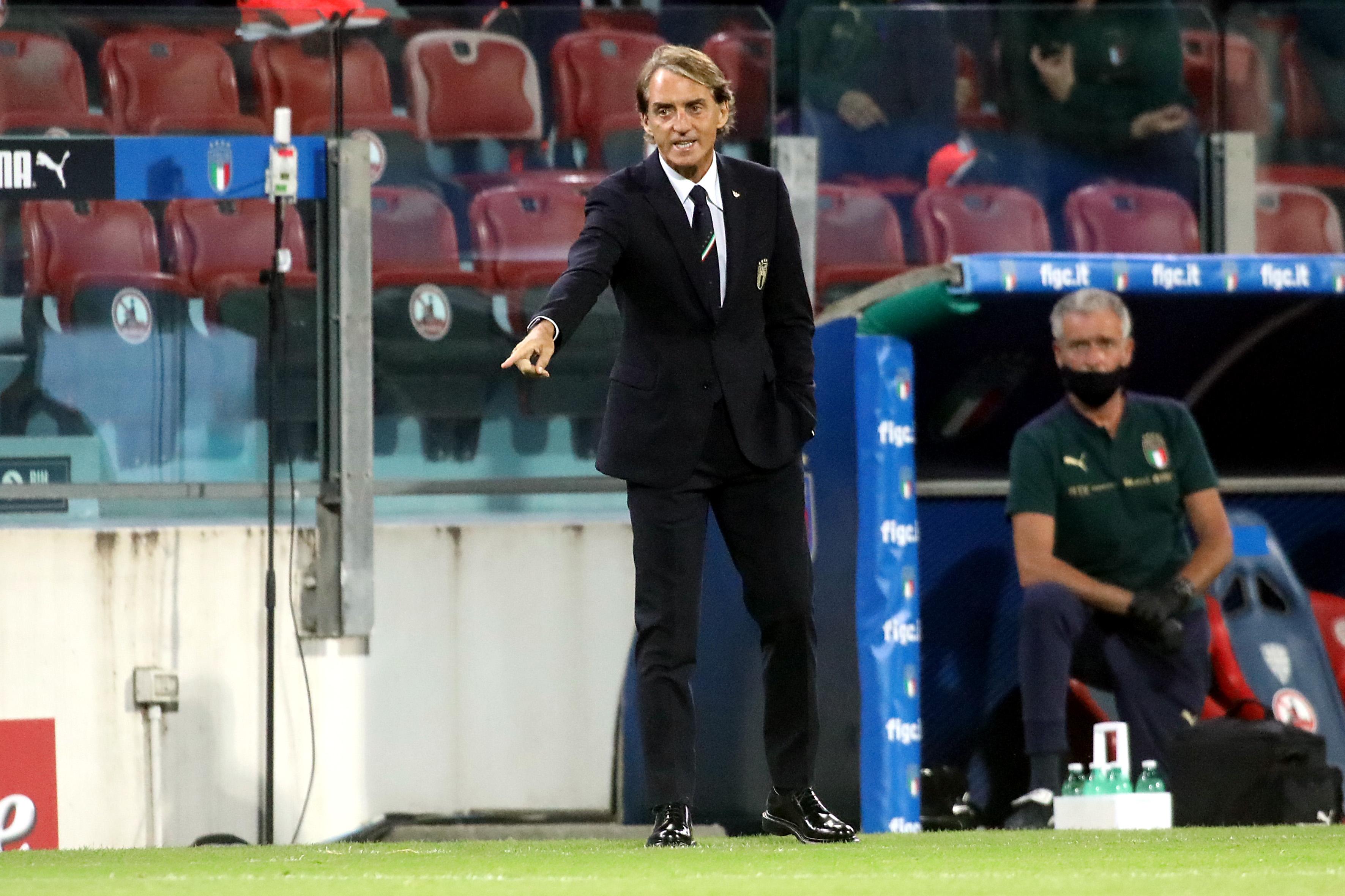 CAGLIARI, ITALY - MAY 28: Italy\\'s coach Roberto Mancini  reacts  during the international friendly match between Italy and San Marino at  on May 28, 2021 in Cagliari, Italy. (Photo by Enrico Locci/Getty Images)