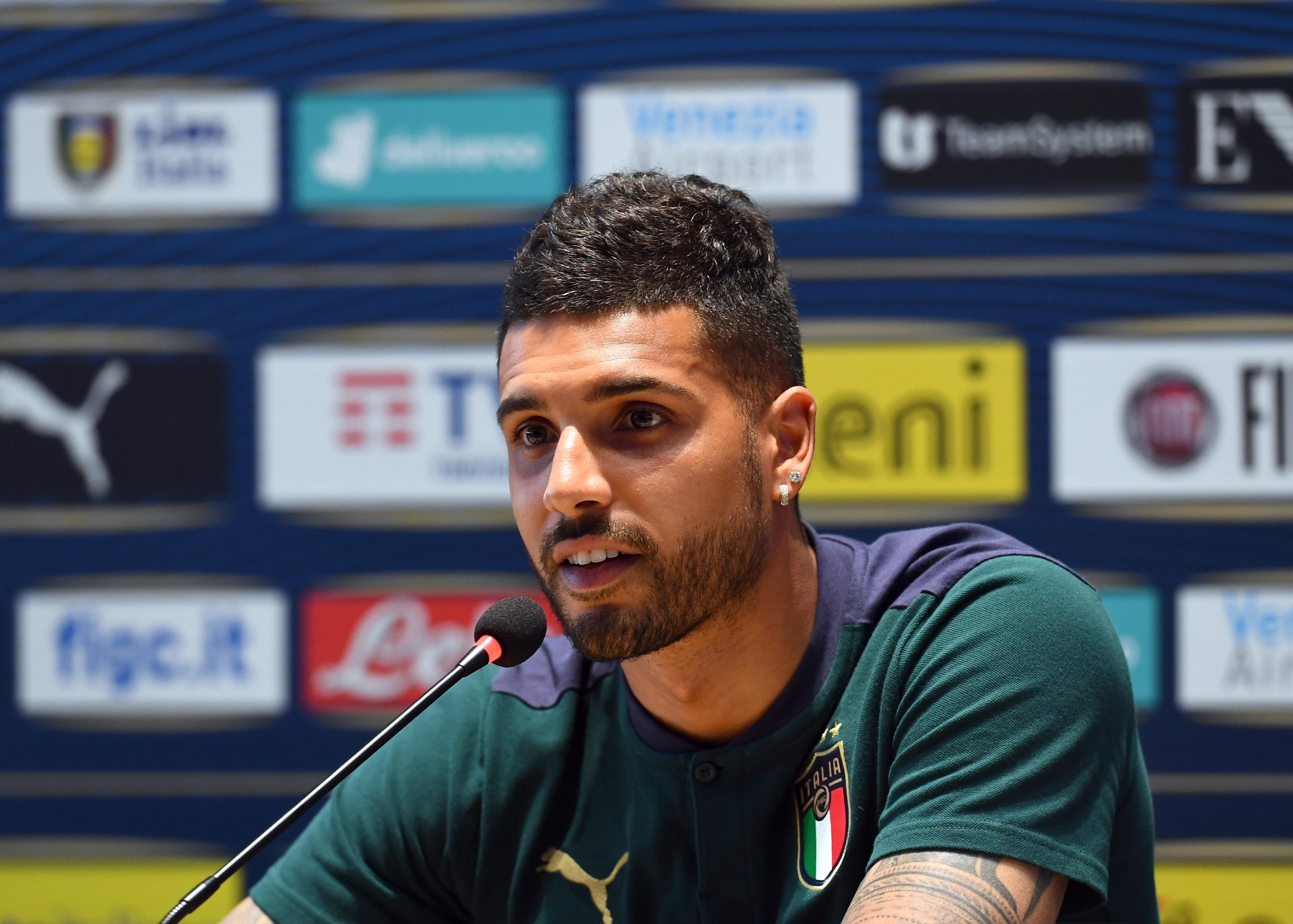FLORENCE, ITALY - JUNE 03: Emerson Palmieri of Italy speaks with the media during a press conference at Coverciano on June 03, 2021 in Florence, Italy. (Photo by Claudio Villa/Getty Images)