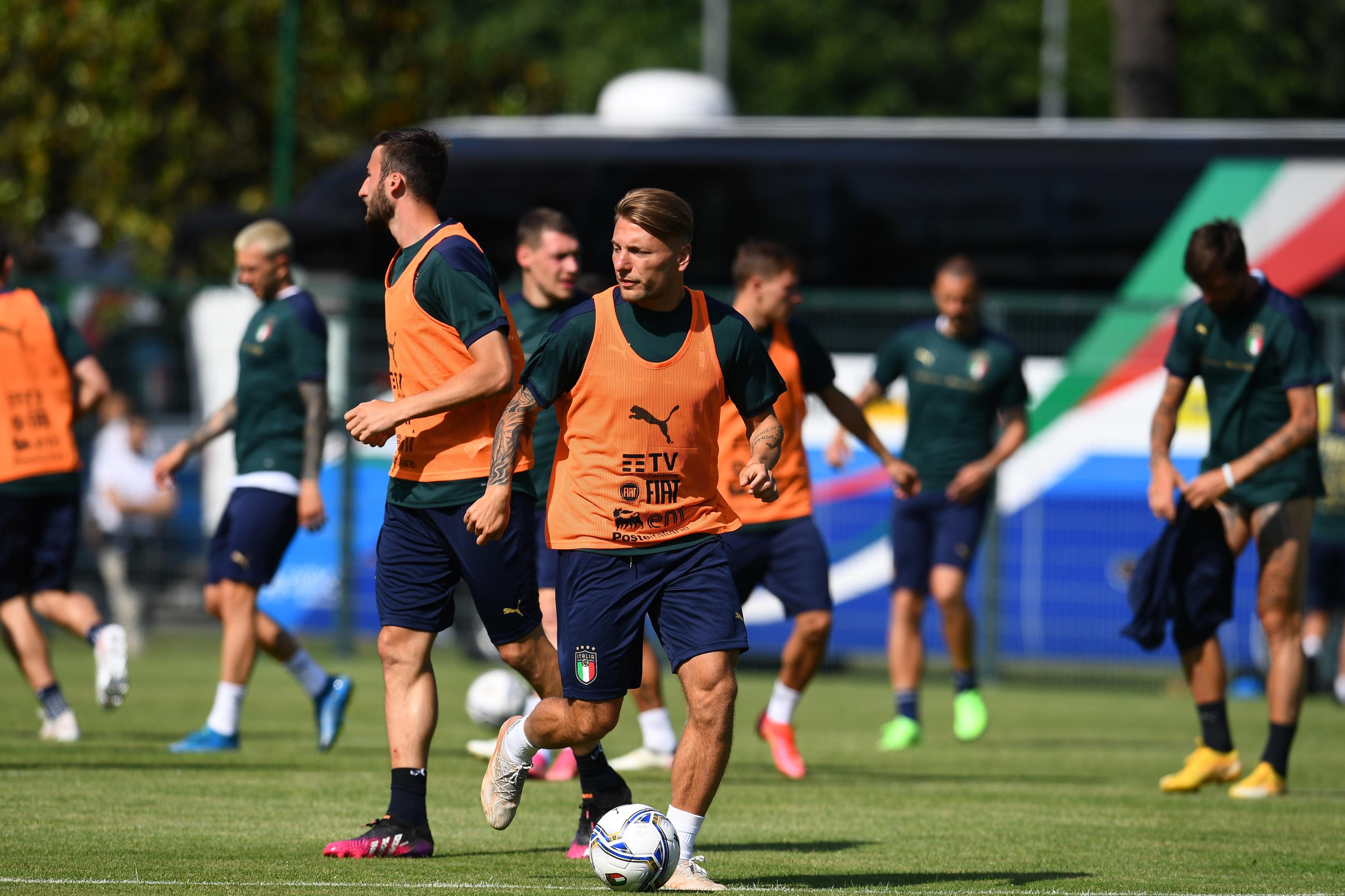 ROME, ITALY - MAY 31: Ciro Immobile of Italy in action during a training session at Centro Sportivo Giulio Onesti on May 31, 2021 in Rome, Italy. (Photo by Claudio Villa/Getty Images)