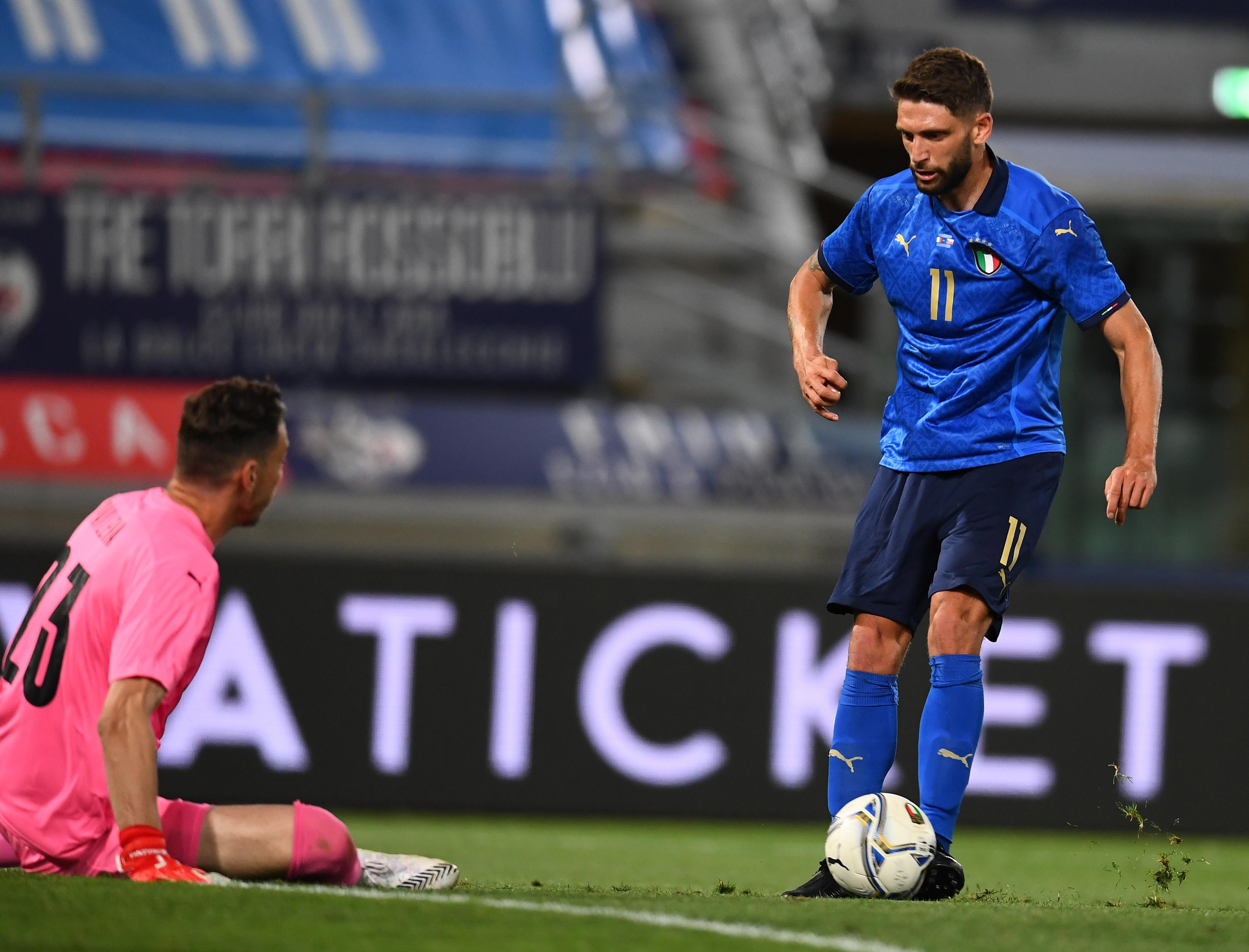 BOLOGNA, ITALY - JUNE 04: Domenico Berardi of Italy scores the goal during the international friendly match between Italy and Czech Republic at on June 04, 2021 in Bologna, Italy. (Photo by Claudio Villa/Getty Images)