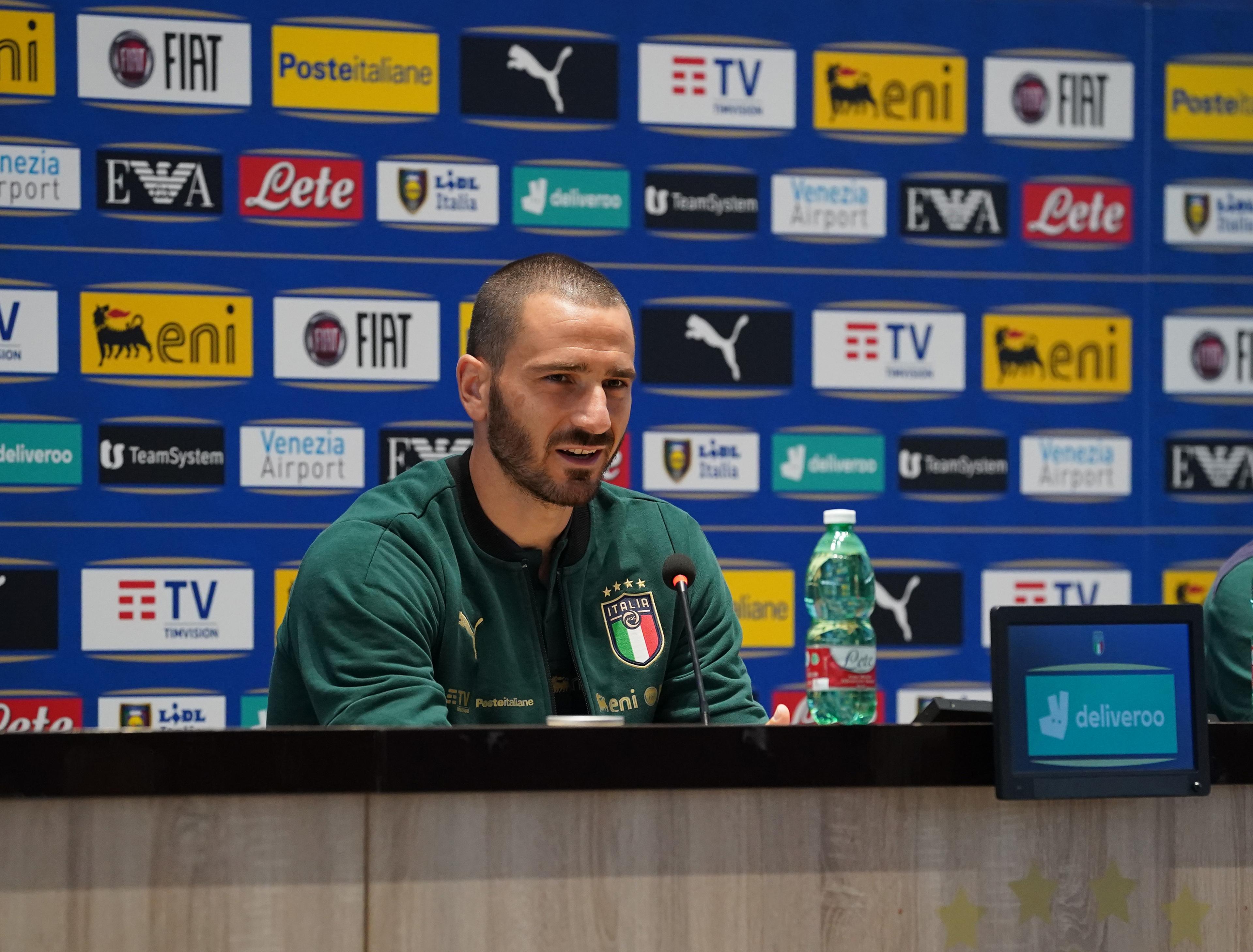 FLORENCE, ITALY - JUNE 07: Leonardo Bonucci of Italy speaks with the media during press conference at Centro Tecnico Federale di Coverciano on June 07, 2021 in Florence, Italy. (Photo by Claudio Villa/Getty Images)