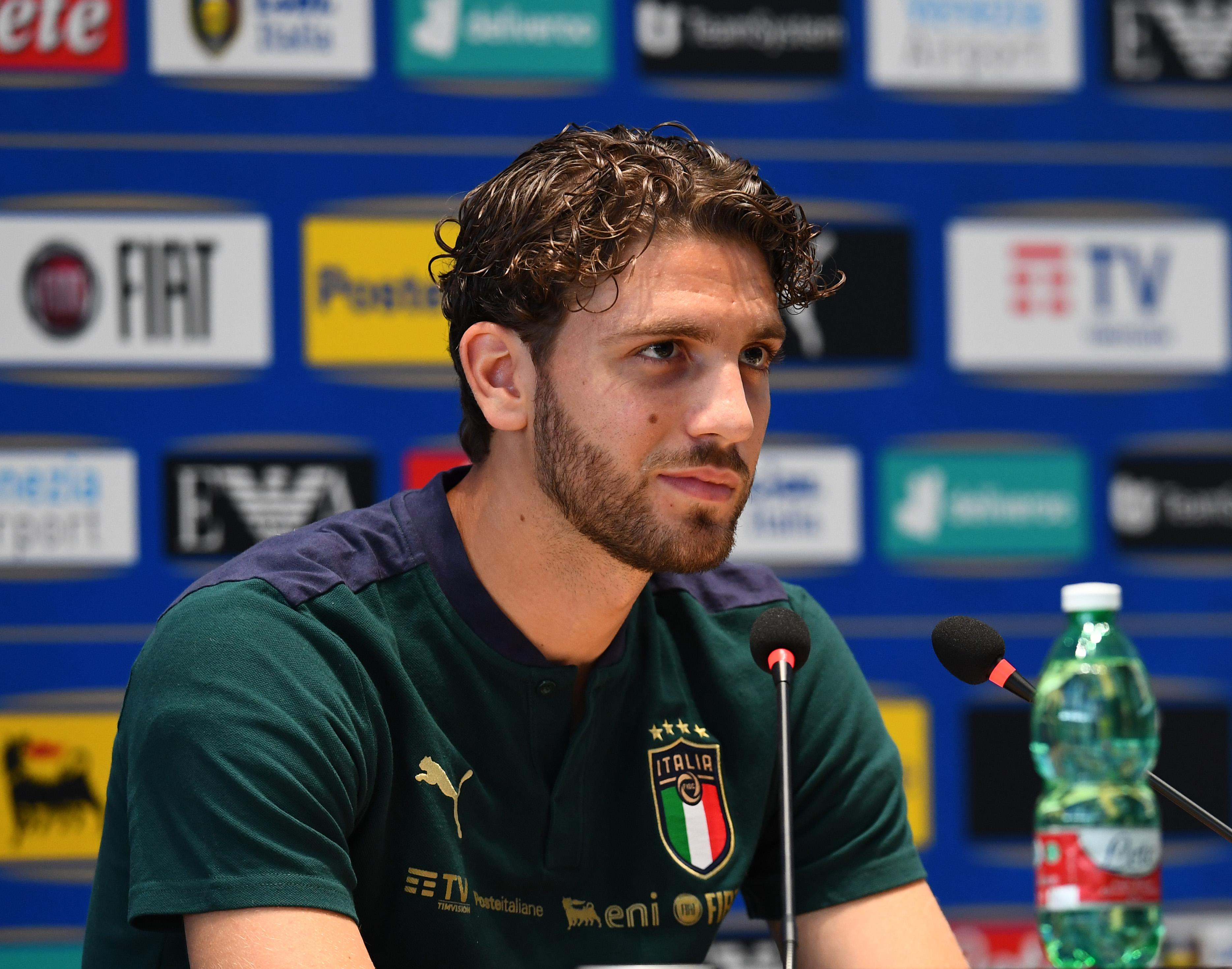 FLORENCE, ITALY - JUNE 09: Manuel Locatelli of Italy speaks with the media during press conference at Centro Tecnico Federale di Coverciano on June 09, 2021 in Florence, Italy. (Photo by Claudio Villa/Getty Images)