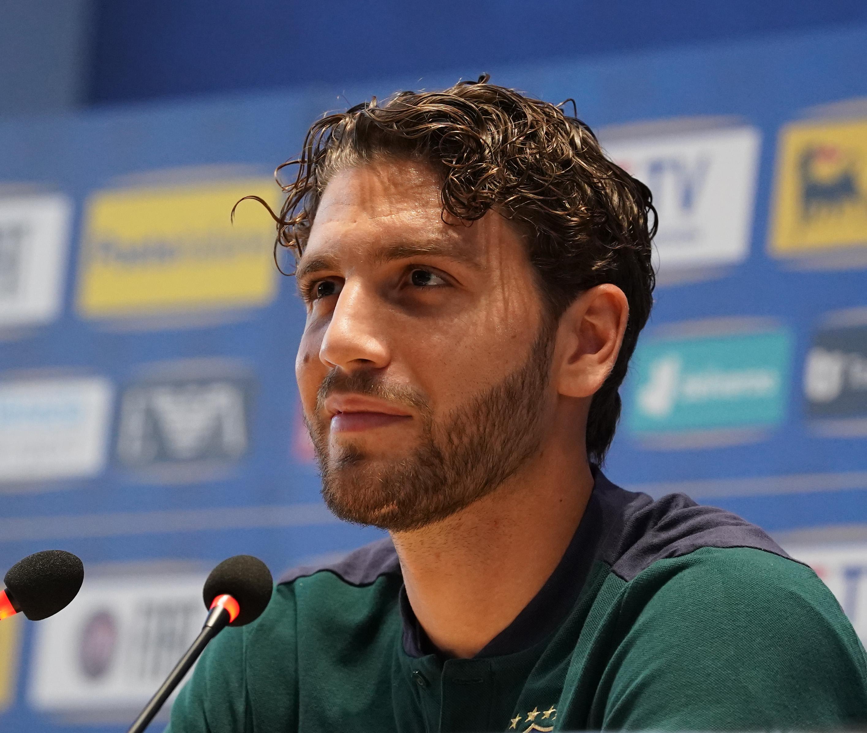 FLORENCE, ITALY - JUNE 09: Manuel Locatelli of Italy speaks with the media during press conference at Centro Tecnico Federale di Coverciano on June 09, 2021 in Florence, Italy. (Photo by Claudio Villa/Getty Images)