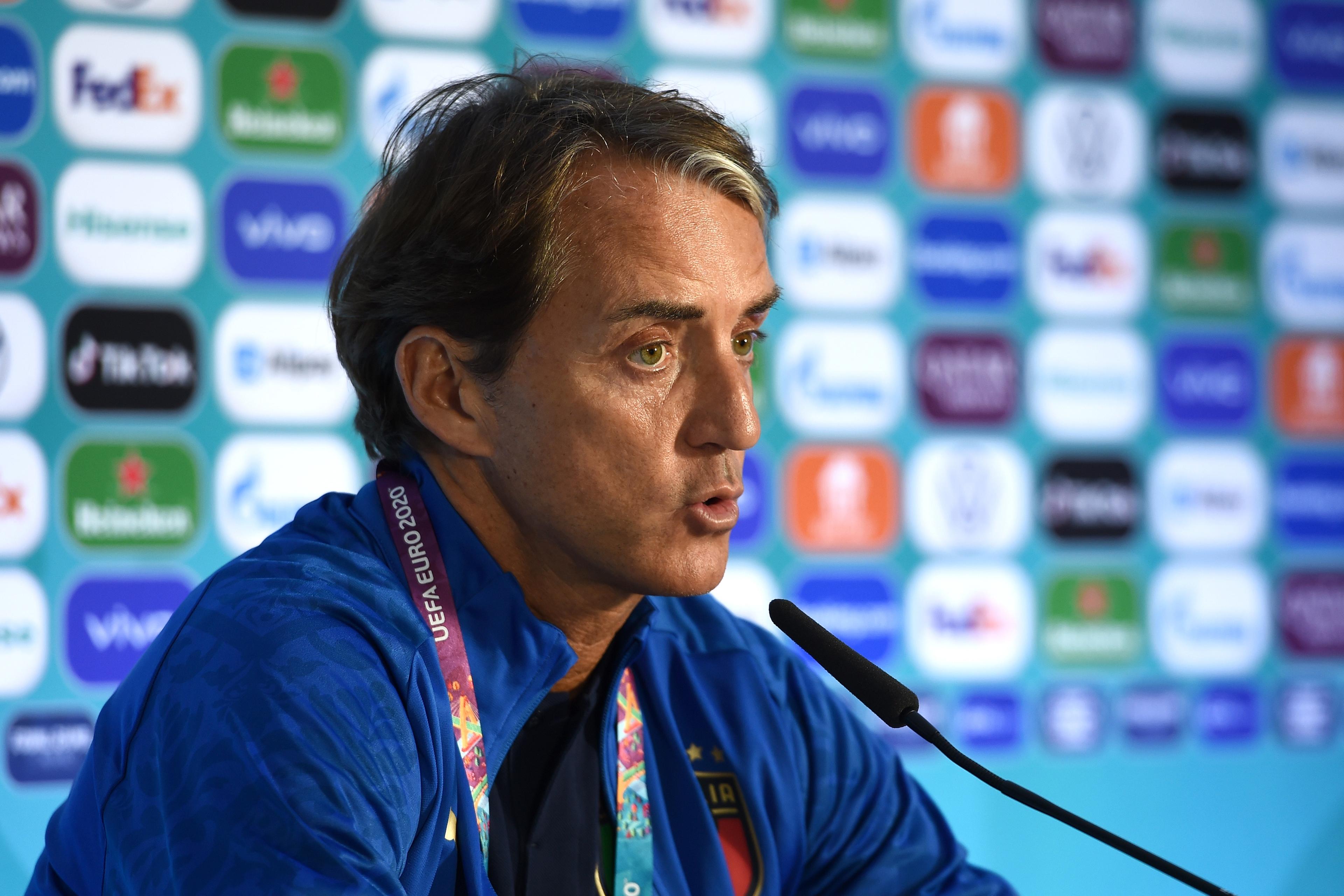 ROME, ITALY - JUNE 10: Roberto Mancini, Head Coach of Italy speaks to the media during the Italy Training Session ahead of the UEFA Euro 2020 Championship Group A match between Turkey and Italy at Olimpico Stadium on June 10, 2021 in Rome, Italy. (Photo by UEFA/UEFA via Getty Images)