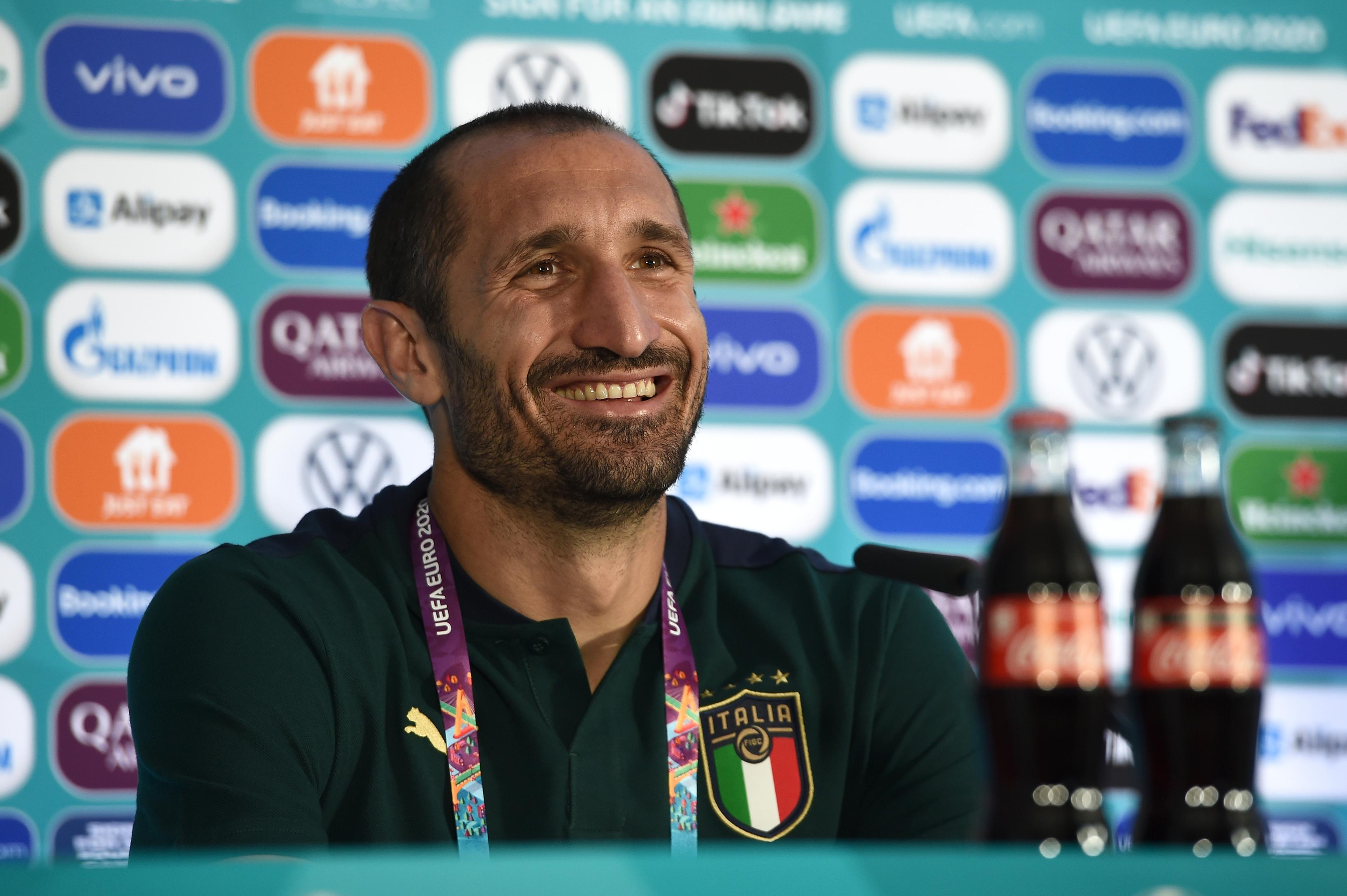 ROME, ITALY - JUNE 10: Giorgio Chiellini of Italy speaks to the media during the Italy Training Session ahead of the UEFA Euro 2020 Championship Group A match between Turkey and Italy at Olimpico Stadium on June 10, 2021 in Rome, Italy. (Photo by UEFA/UEFA via Getty Images)