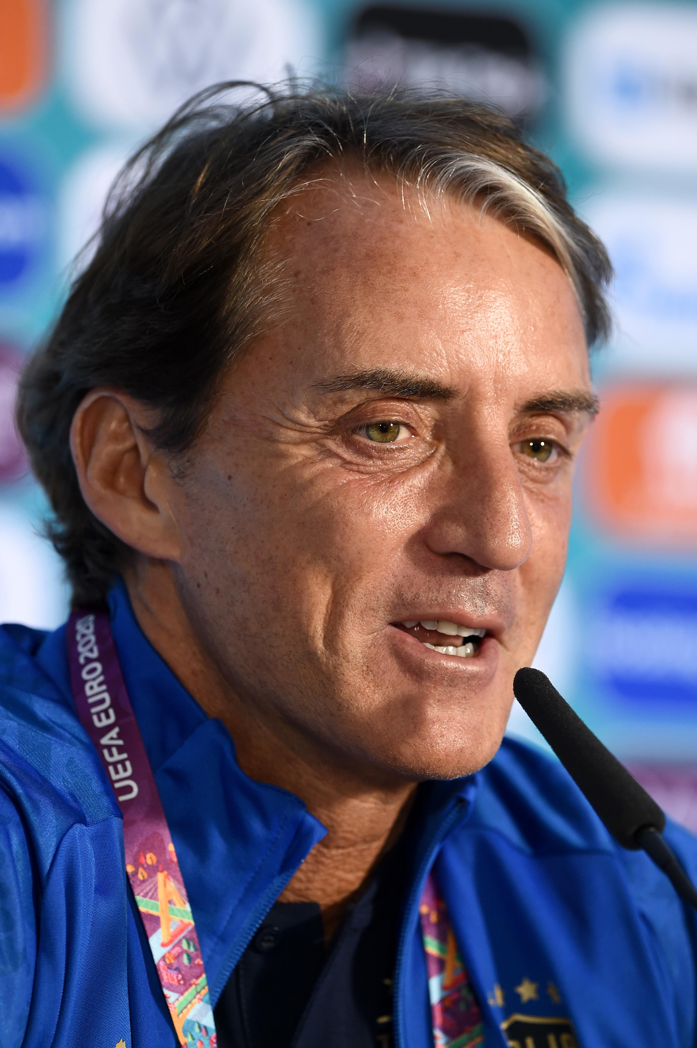 ROME, ITALY - JUNE 10: Roberto Mancini, Head Coach of Italy speaks to the media during the Italy Training Session ahead of the UEFA Euro 2020 Championship Group A match between Turkey and Italy at Olimpico Stadium on June 10, 2021 in Rome, Italy. (Photo by UEFA/UEFA via Getty Images)