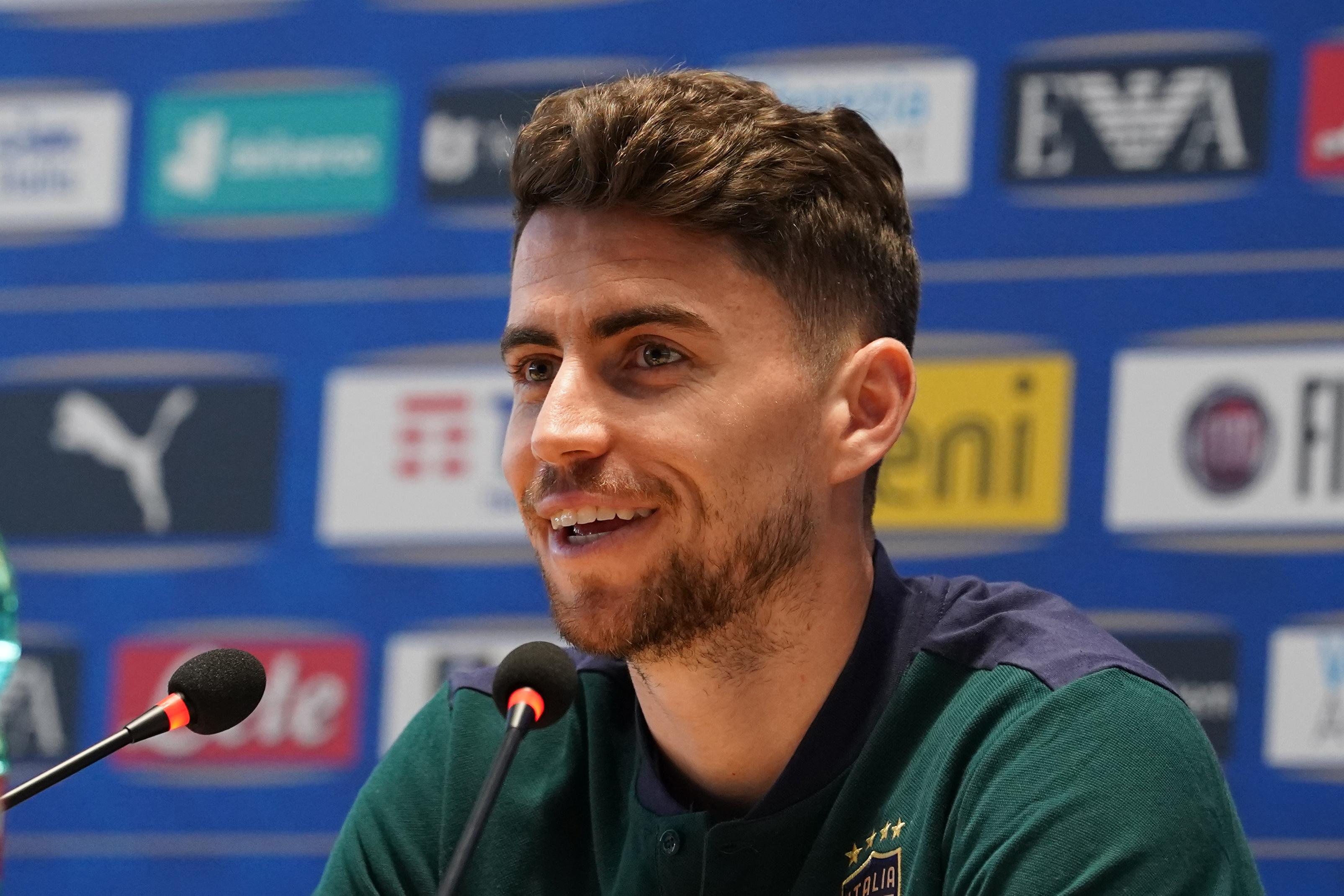 FLORENCE, ITALY - JUNE 13: Jorginho of Italy speaks with the media during press conference at Centro Tecnico Federale di Coverciano on June 13, 2021 in Florence, Italy. (Photo by Claudio Villa/Getty Images)