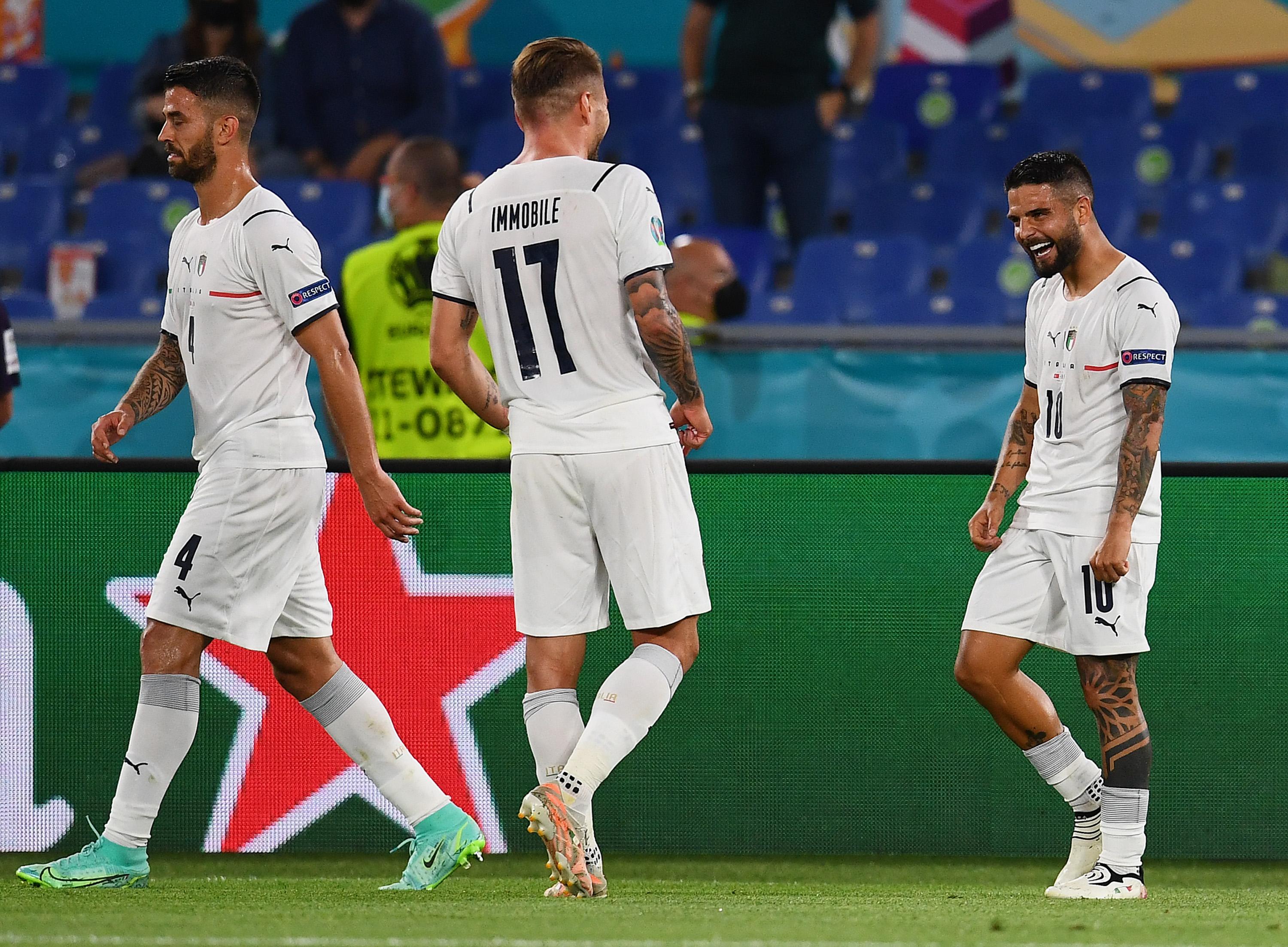 ROME, ITALY - JUNE 11: Lorenzo Insigne of Italy celebrates with Ciro Immobile after scoring their side's third goal during the UEFA Euro 2020 Championship Group A match between Turkey and Italy at the Stadio Olimpico on June 11, 2021 in Rome, Italy. (Photo by Claudio Villa/Getty Images)