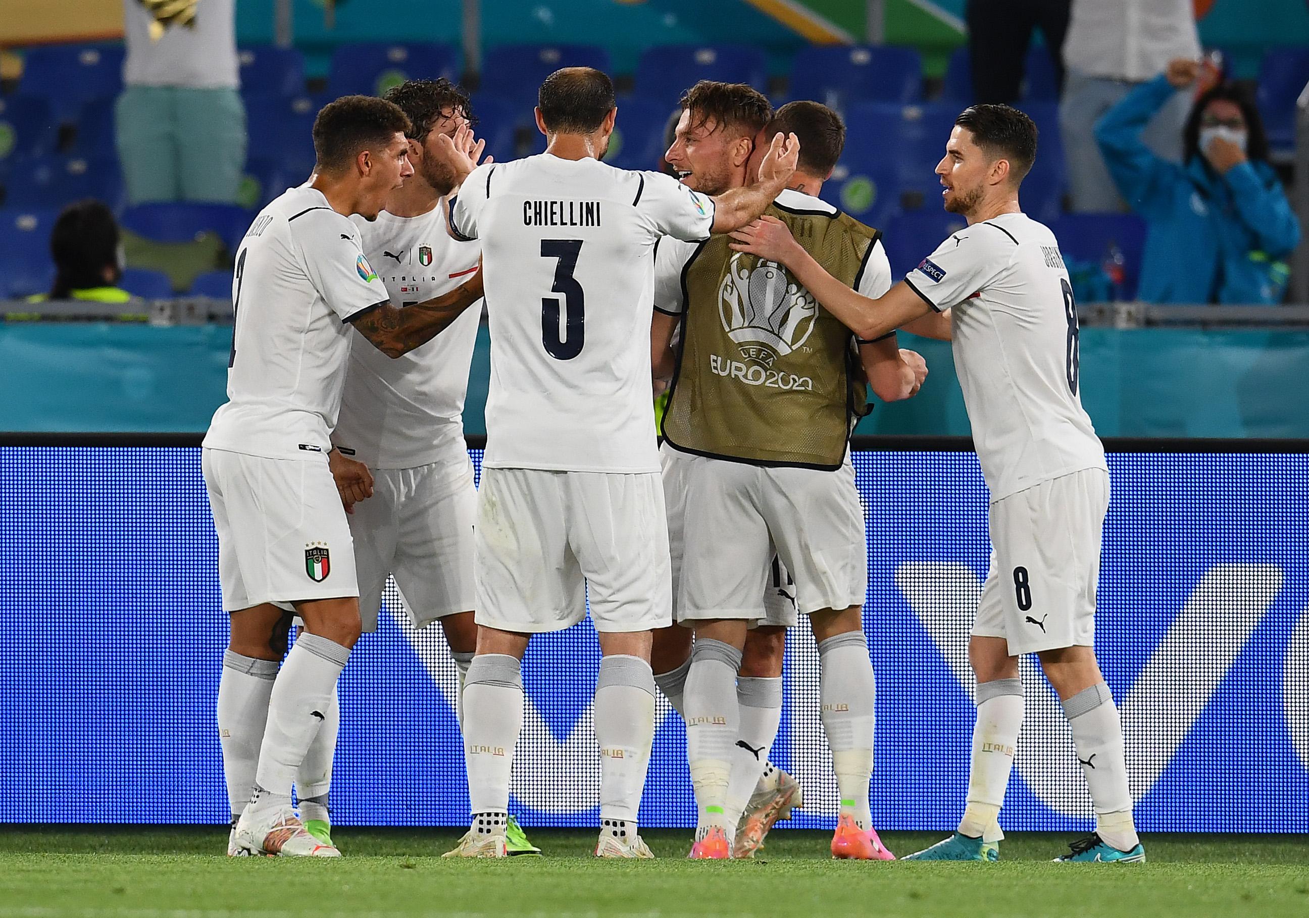ROME, ITALY - JUNE 11: Ciro Immobile of Italy celebrates with team mates after scoring their side's second goal during the UEFA Euro 2020 Championship Group A match between Turkey and Italy at the Stadio Olimpico on June 11, 2021 in Rome, Italy. (Photo by Claudio Villa/Getty Images)