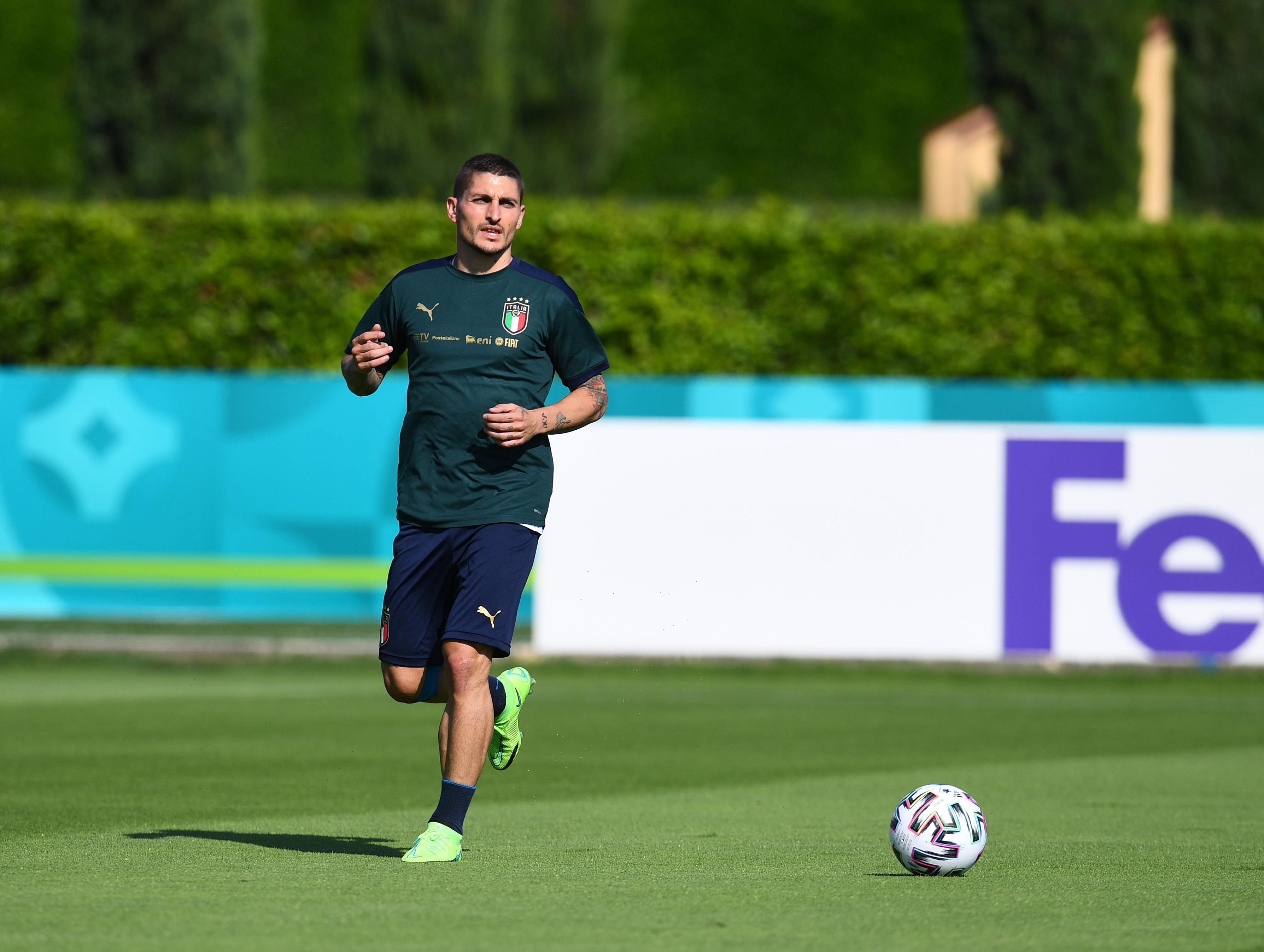 FLORENCE, ITALY - JUNE 12: Marco Verratti of Italy in action during a Italy training session at Centro Tecnico Federale di Coverciano on June 12, 2021 in Florence, Italy. (Photo by Claudio Villa/Getty Images)