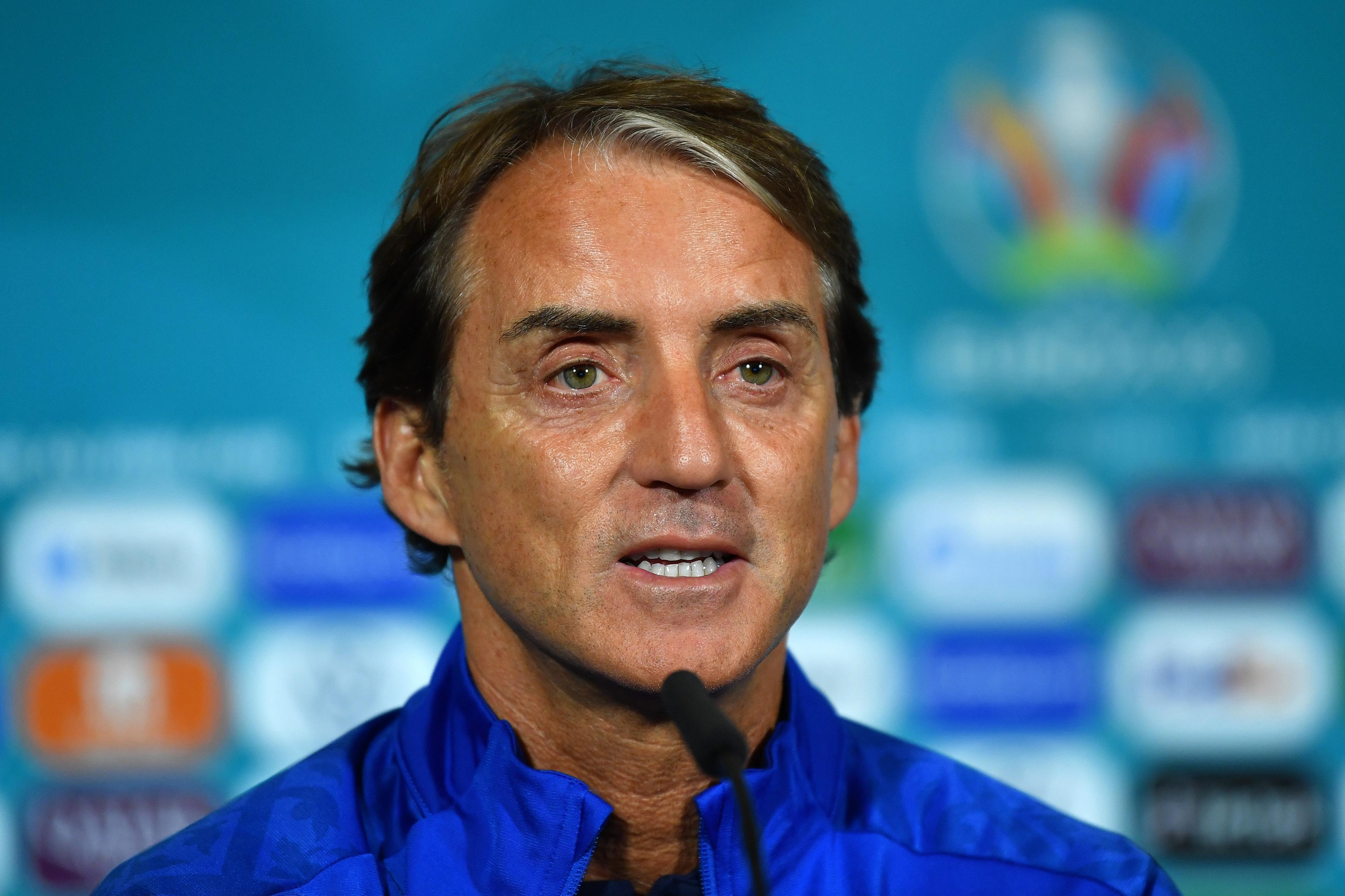 ROME, ITALY - JUNE 15: In this Handout picture provided by UFEA, Roberto Mancini, Head Coach of Italy speaks to the media during the Italy Press Conference ahead of the Euro 2020 Group A match between Italy and Switzerland at Olimpico Stadium on June 15, 2021 in Rome, Italy. (Photo by UEFA/UEFA via Getty Images)