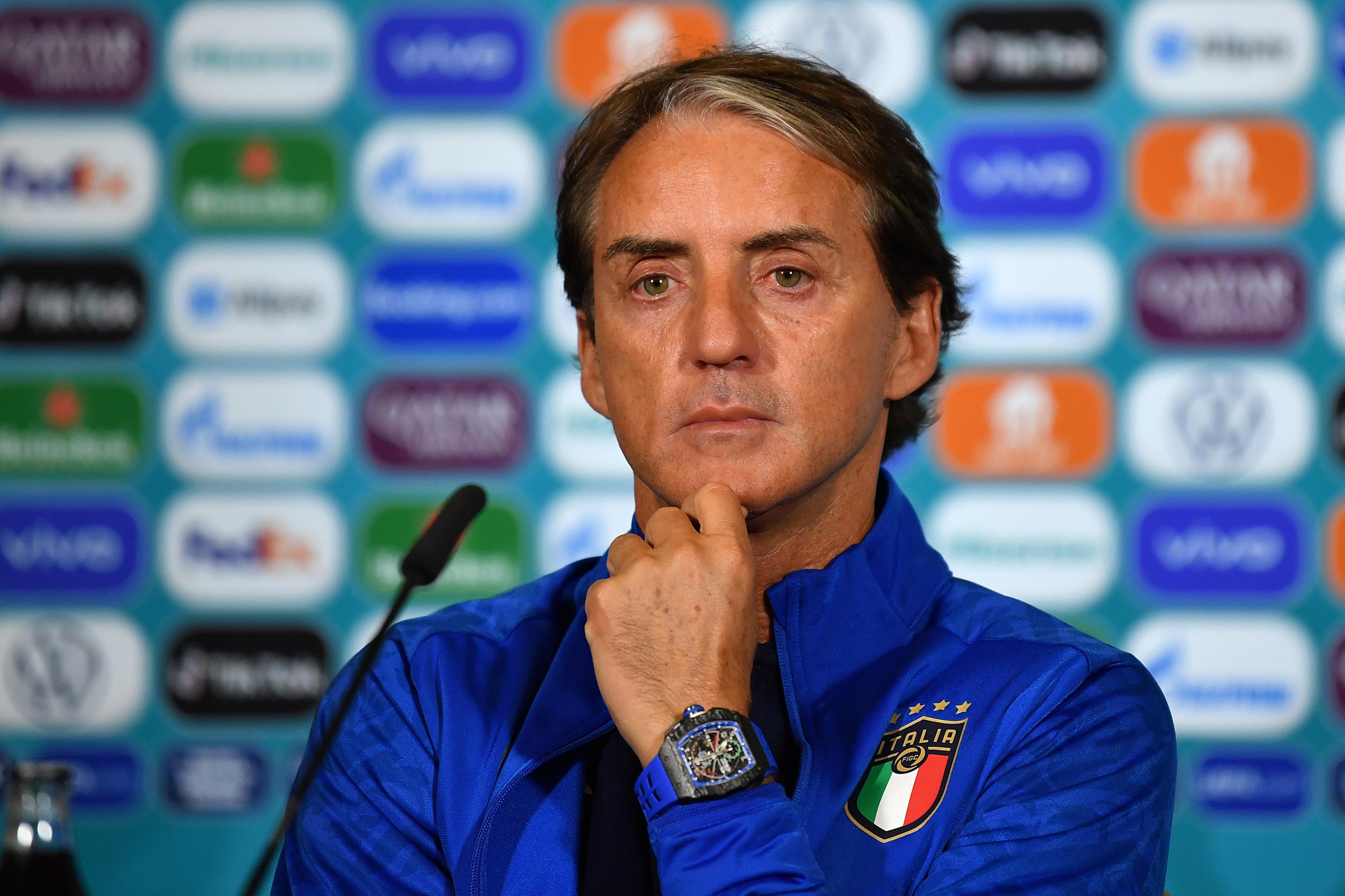ROME, ITALY - JUNE 15: In this Handout picture provided by UFEA, Roberto Mancini, Head Coach of Italy speaks to the media during the Italy Press Conference ahead of the Euro 2020 Group A match between Italy and Switzerland at Olimpico Stadium on June 15, 2021 in Rome, Italy. (Photo by UEFA/UEFA via Getty Images)