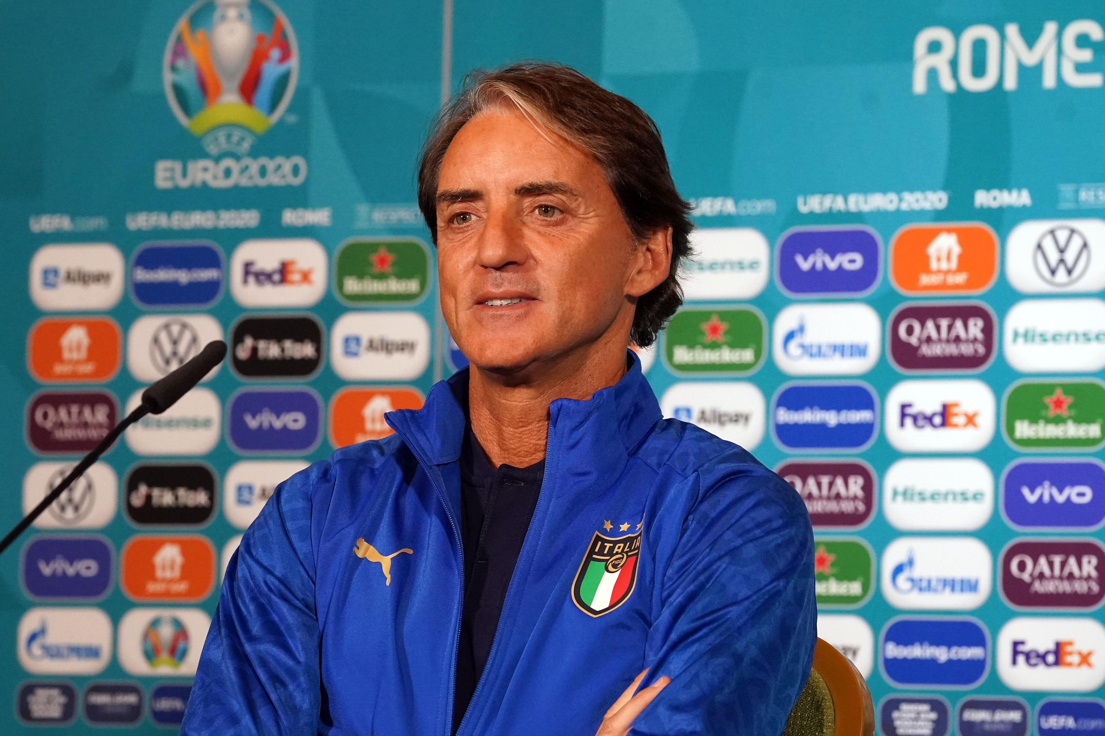 ROME, ITALY - JUNE 19: Head coach Italy Roberto Mancini speaks with the media during the Italy press conference ahead of the UEFA Euro 2020 Group A match between Italy and Wales at Olimpico Stadium on June 19, 2021 in Rome, Italy. (Photo by Claudio Villa/Getty Images)