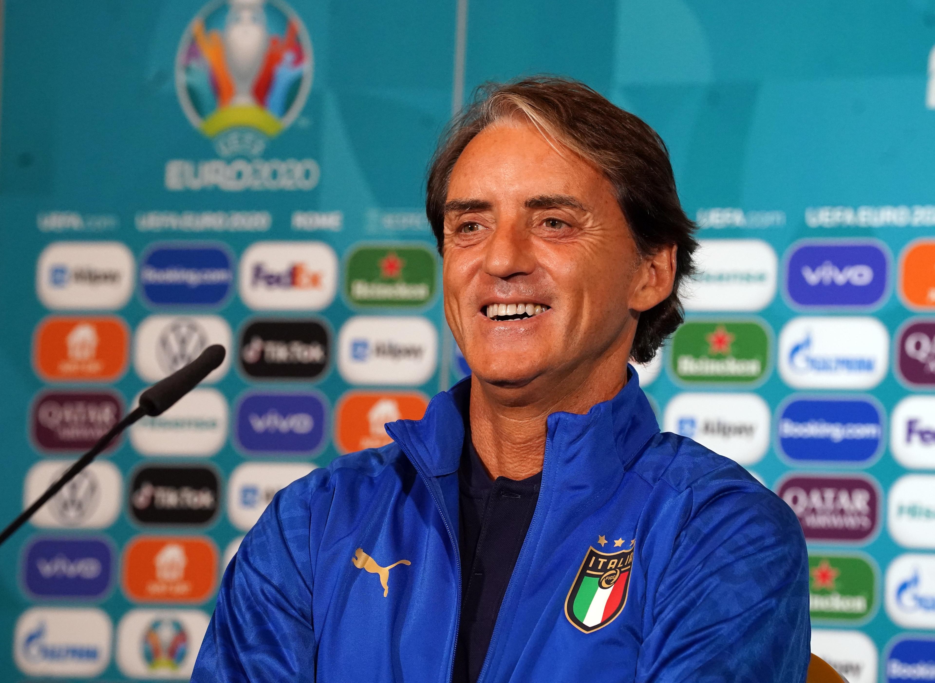 ROME, ITALY - JUNE 19: Head coach Italy Roberto Mancini speaks with the media during the Italy press conference ahead of the UEFA Euro 2020 Group A match between Italy and Wales at Olimpico Stadium on June 19, 2021 in Rome, Italy. (Photo by Claudio Villa/Getty Images)