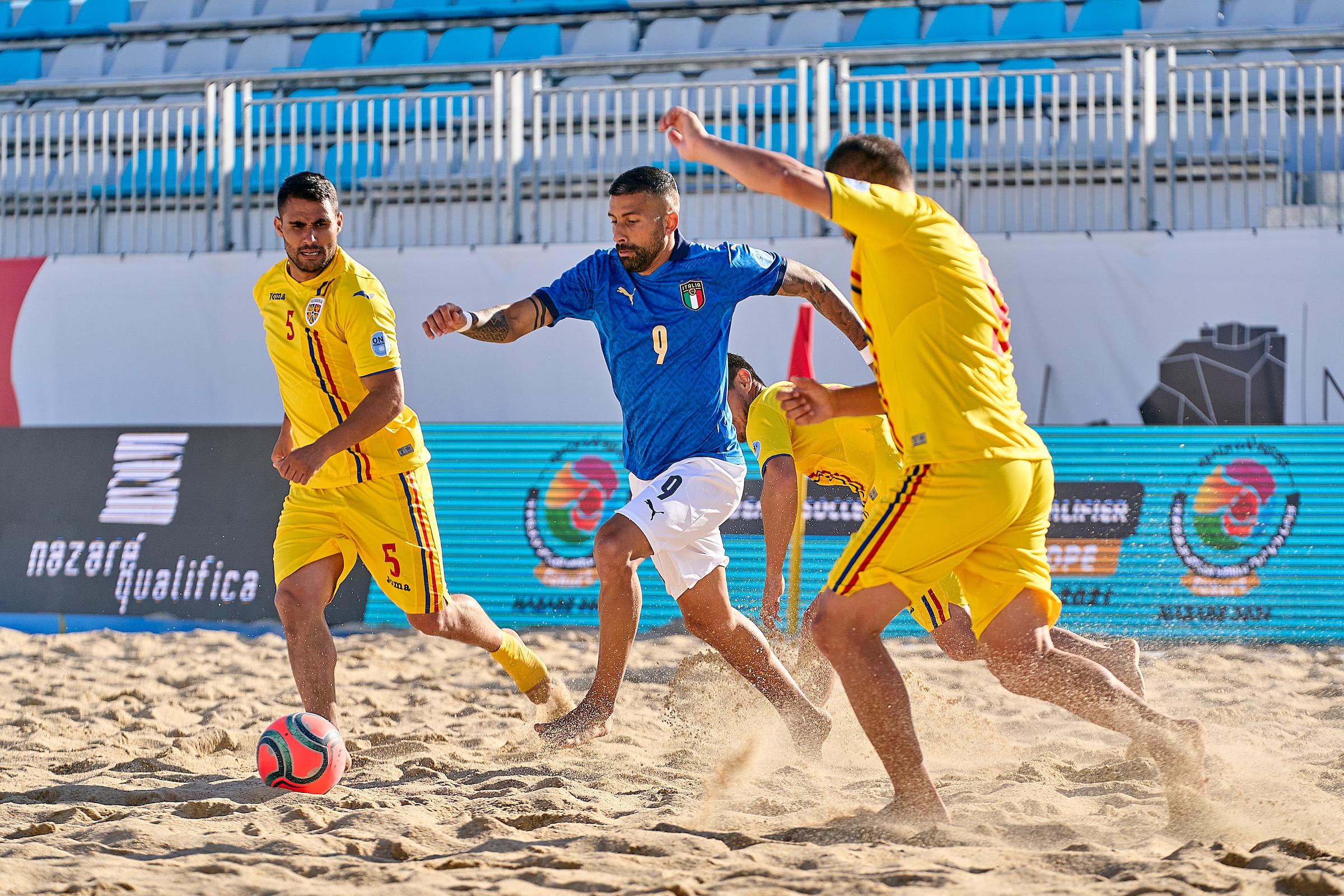 NAZARE, PORTUGAL - JUNE 21: during the match between Romania and Italy during day 1 of the FIFA Beach Soccer World Cup - Europe Qualifier Nazare 2021 at Estadio do Viveiro on June 21, 2021 in Nazare, Portugal. (Photo by Jose Manuel Alvarez/BSWW)