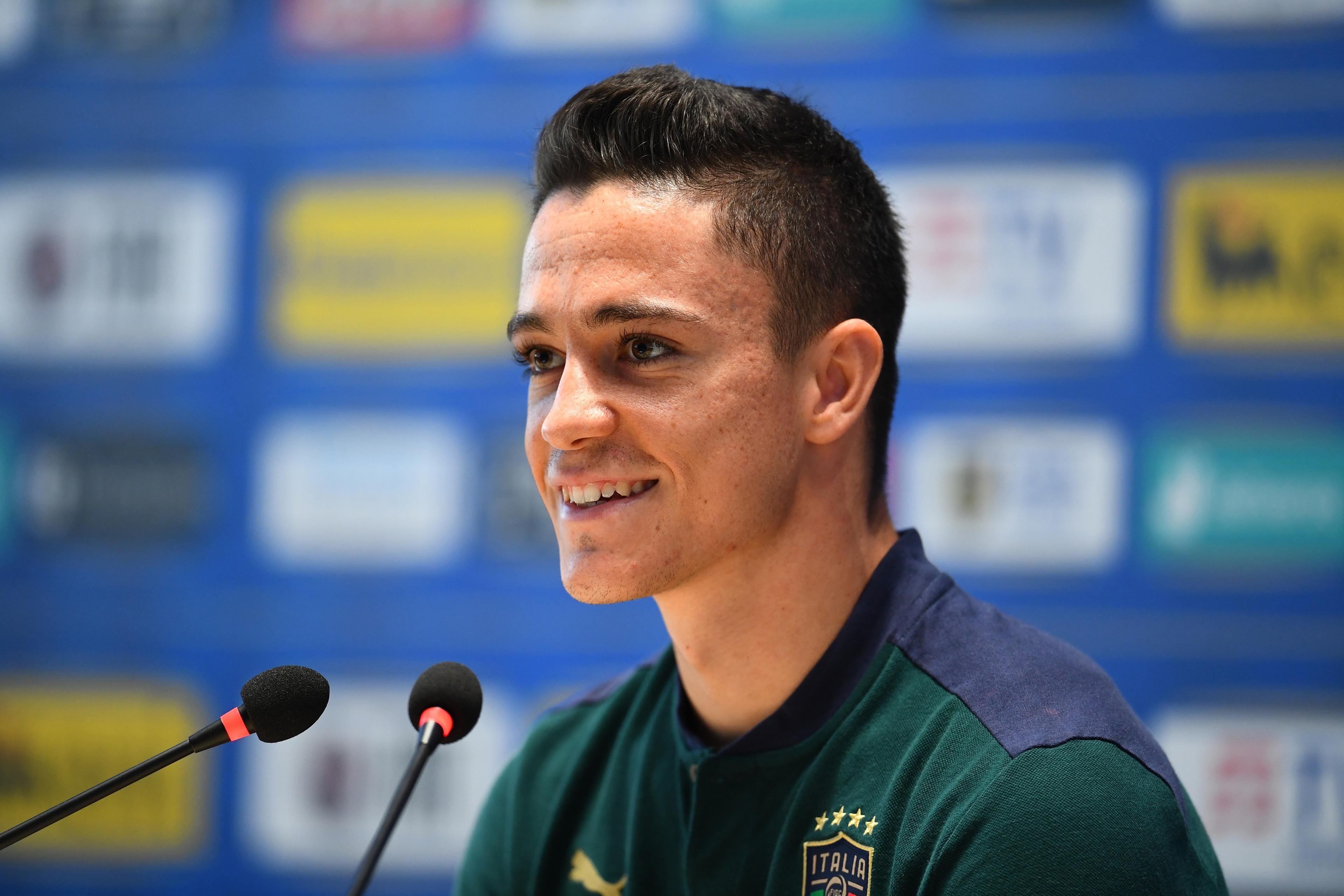 FLORENCE, ITALY - JUNE 22: Giacomo Raspadori of Italy speaks with the media during a press conference at Centro Tecnico Federale di Coverciano on June 22, 2021 in Florence, Italy. (Photo by Claudio Villa/Getty Images)