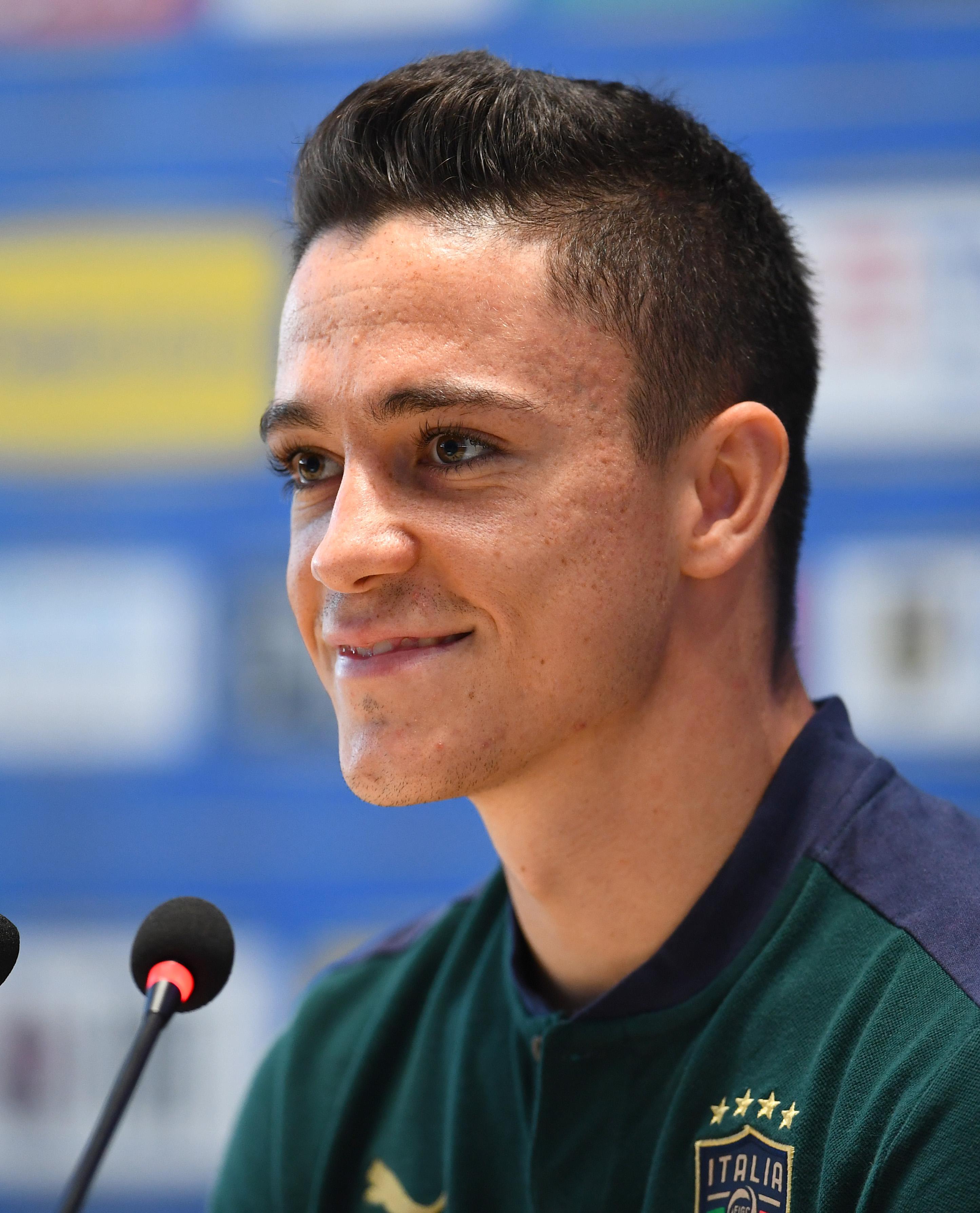 FLORENCE, ITALY - JUNE 22: Giacomo Raspadori of Italy speaks with the media during a press conference at Centro Tecnico Federale di Coverciano on June 22, 2021 in Florence, Italy. (Photo by Claudio Villa/Getty Images)