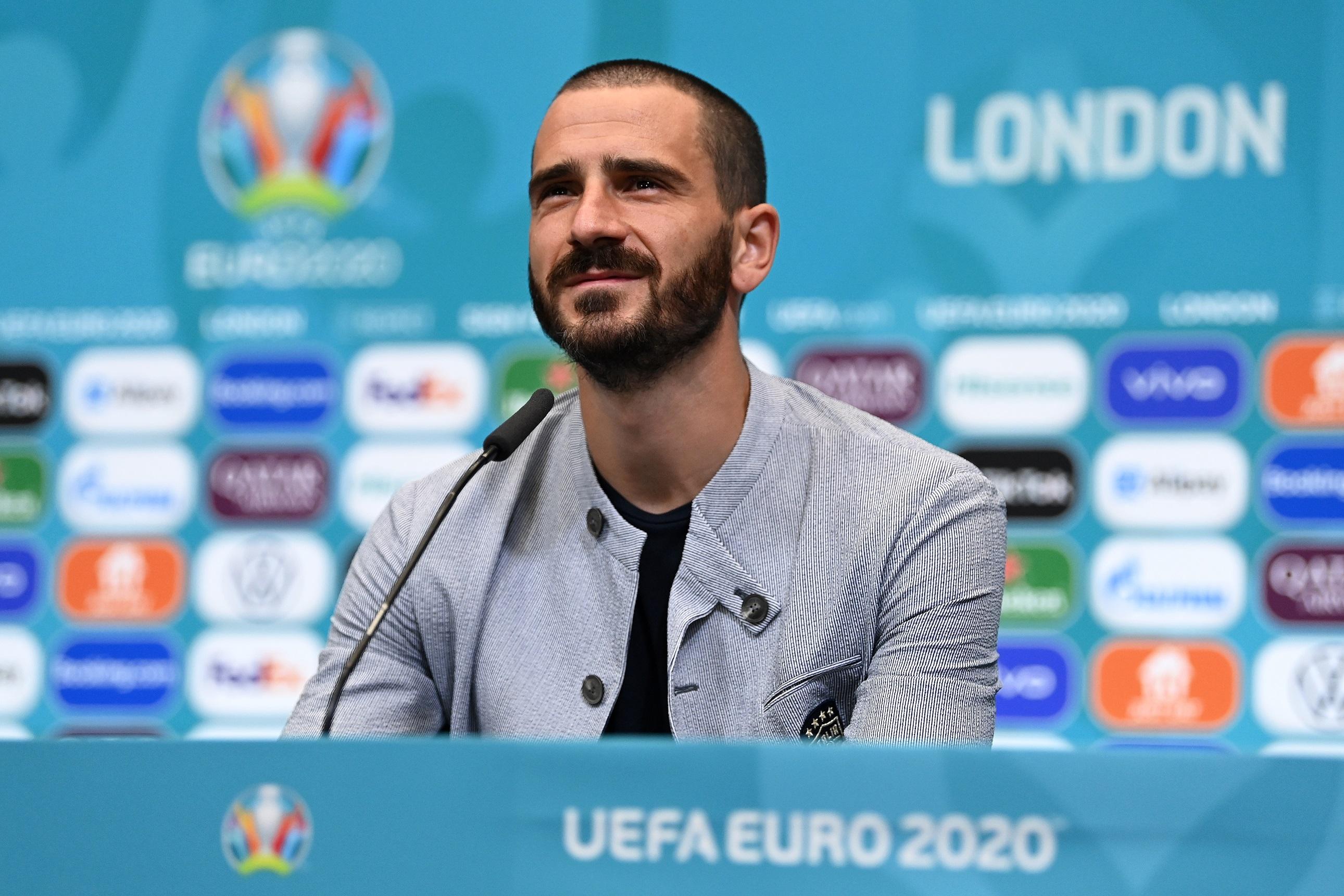 LONDON, ENGLAND - JUNE 25: In this handout picture provided by UEFA, Leonardo Bonucci of Italy speaks to media during the Italy Press Conference ahead of the UEFA Euro 2020 Round of 16 match between Italy and Austria at Wembley Stadium on June 25, 2021 in London, England. (Photo by UEFA/UEFA via Getty Images)