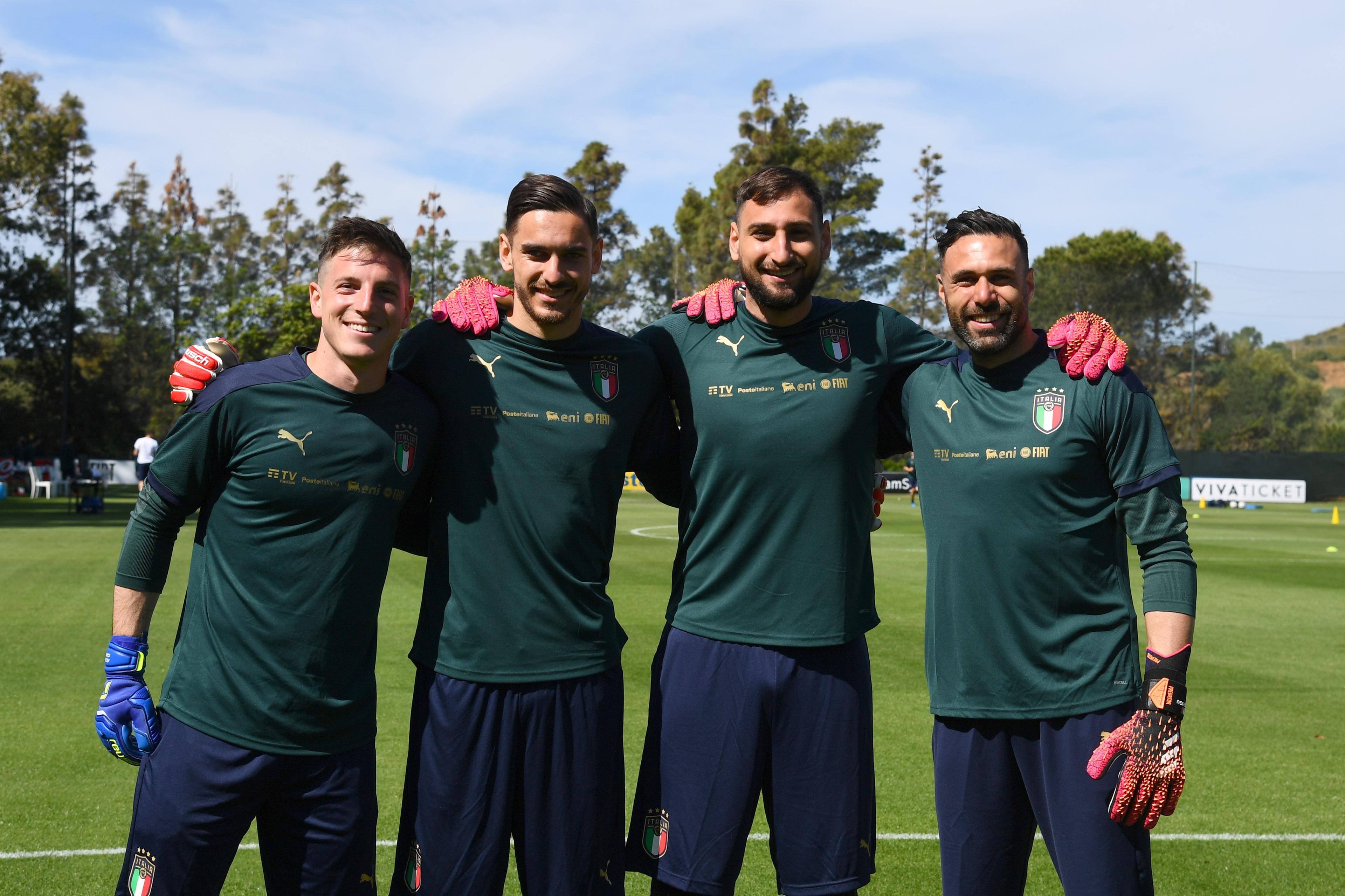 SANTA MARGHERITA DI PULA, ITALY - MAY 25: Alessio Cragno, Alex Meret, Gianluigi Donnarumma and Salvatore Sirigu pose for a photo during training session at Forte Village Resort on May 25, 2021 in Santa Margherita di Pula, Italy. (Photo by Claudio Villa/Getty Images)