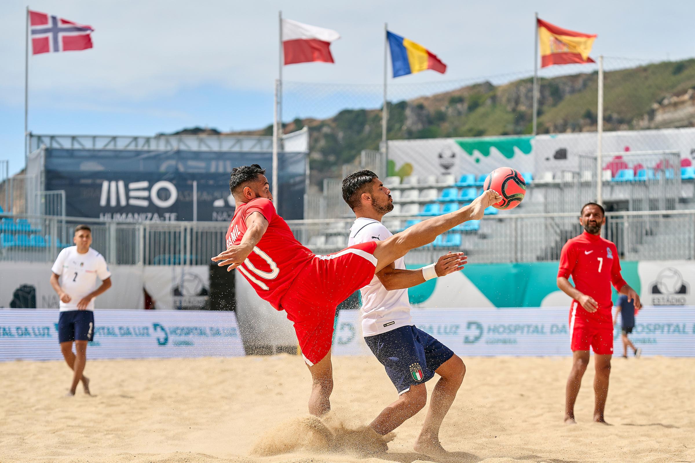 NAZARE, PORTUGAL - JUNE 27:  during the match between Italy and Azerbaijan during day 7 of the FIFA Beach Soccer World Cup - Europe Qualifier Nazare 2021 at Estadio do Viveiro on June 27, 2021 in Nazare, Portugal. (Photo by Jose Manuel Alvarez/BSWW)