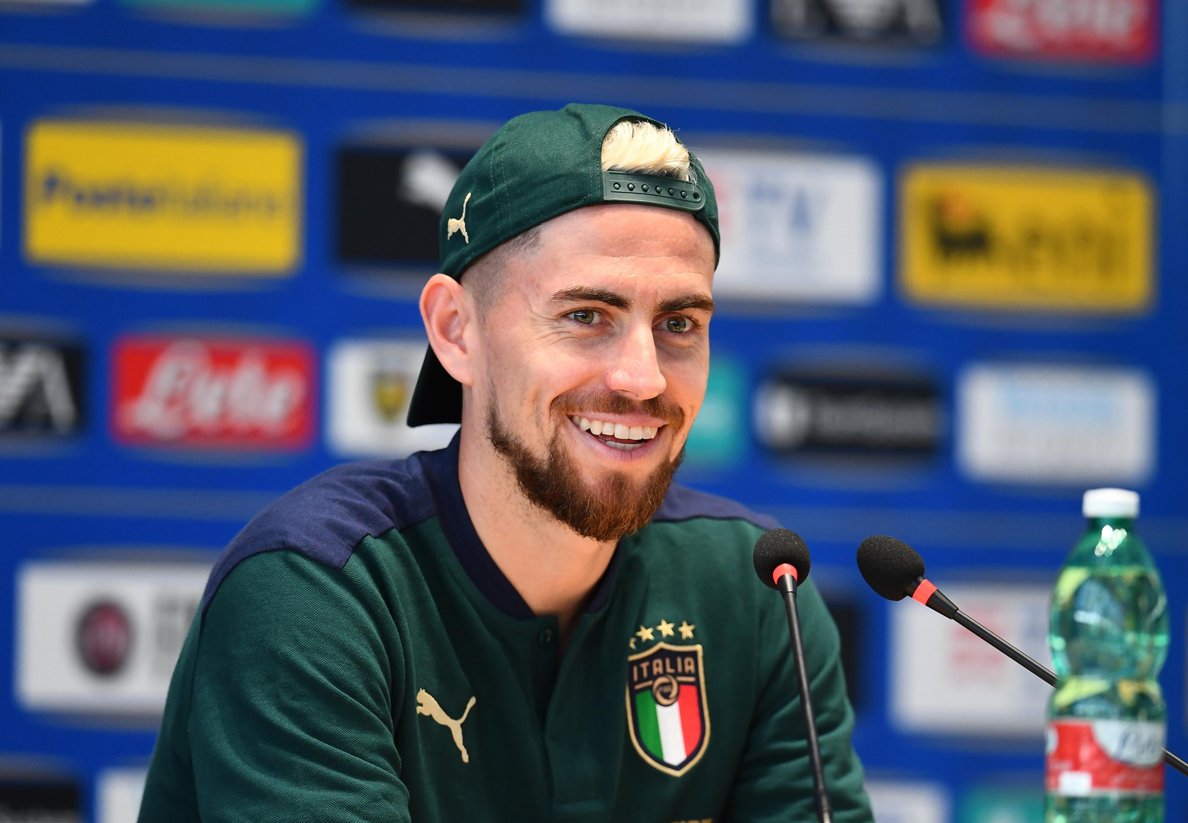 FLORENCE, ITALY - AUGUST 30: Jorginho of Italy speaks with the media during press conference at Centro Tecnico Federale di Coverciano on August 30, 2021 in Florence, Italy. (Photo by Claudio Villa/Getty Images)