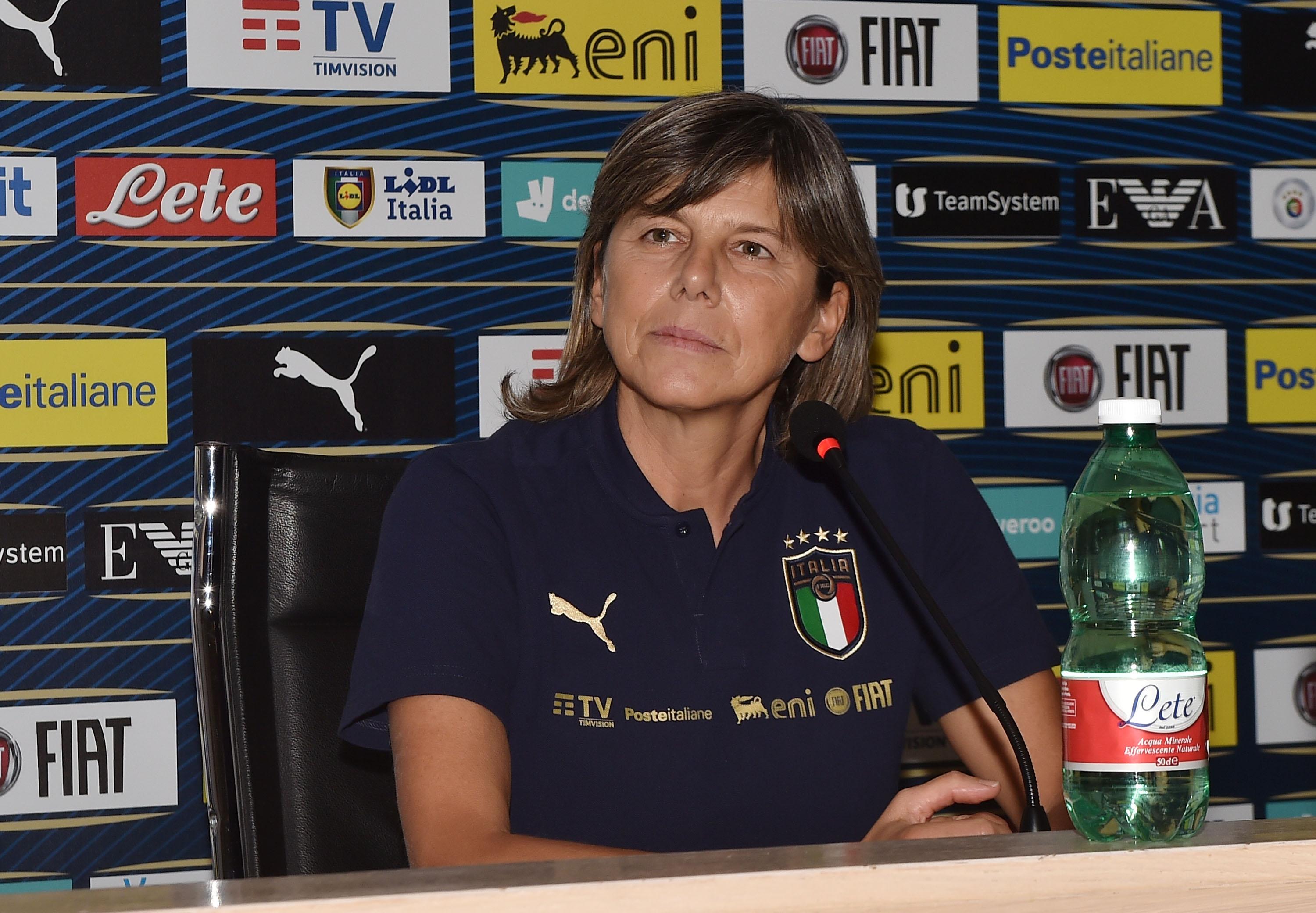 FLORENCE, ITALY - SEPTEMBER 13: Milena Bertolini head coach of Italy Women attends during an Italy Women to presse conference at Centro Tecnico Federale di Coverciano on September 13, 2021 in Florence, Italy. (Photo by Giuseppe Bellini/Getty Images) *** Local Caption *** Milena Bertolini