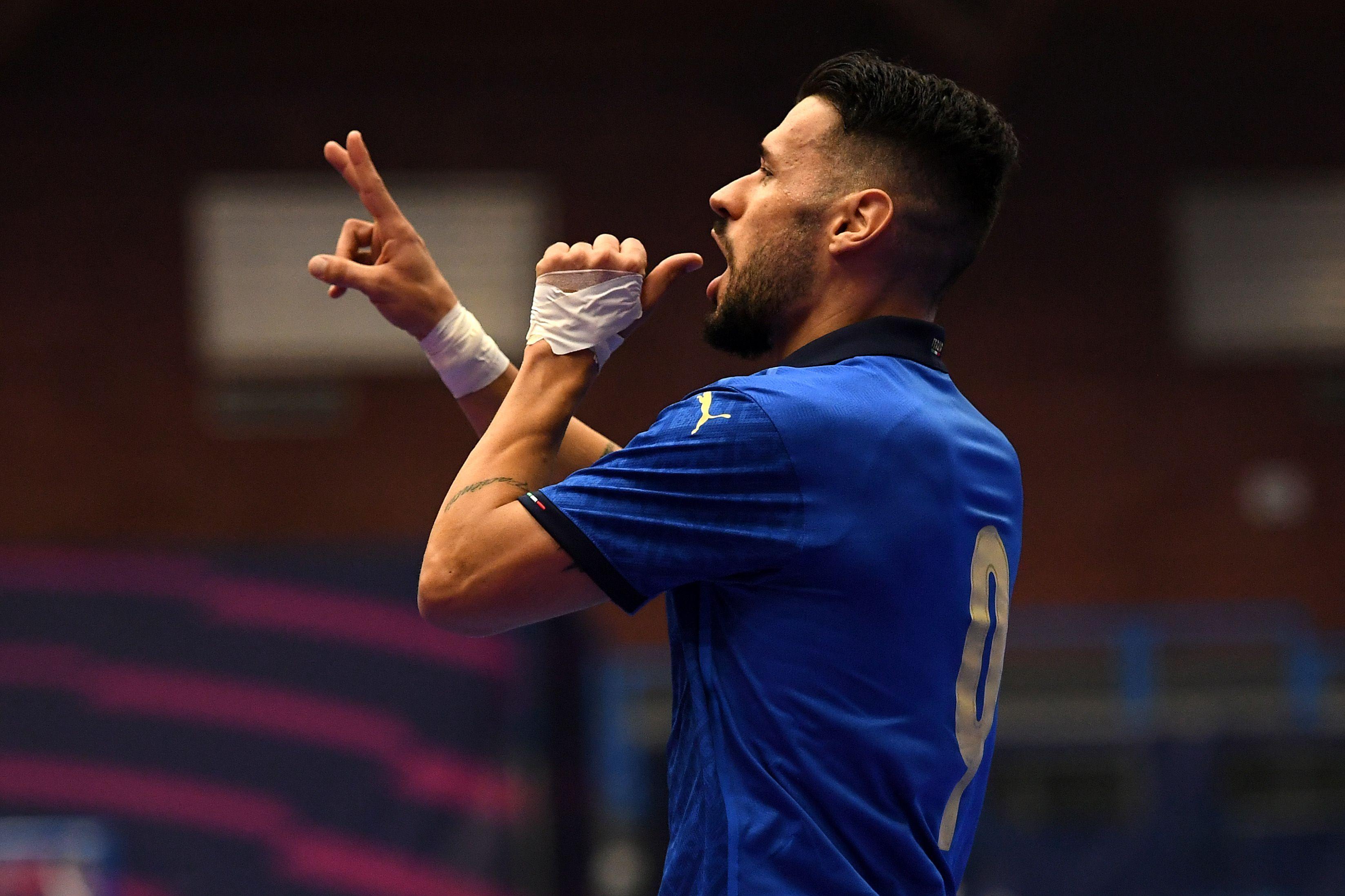 UNSPECIFIED, ITALY - NOVEMBER 16: Marcelo Padilha of Itally  celebrates after scoring his team second goal during the Futsal friendly match between Italy snd France on November 16, 2021 in Salsomaggiore, Italy. (Photo by Alessandro Sabattini/Getty Images)