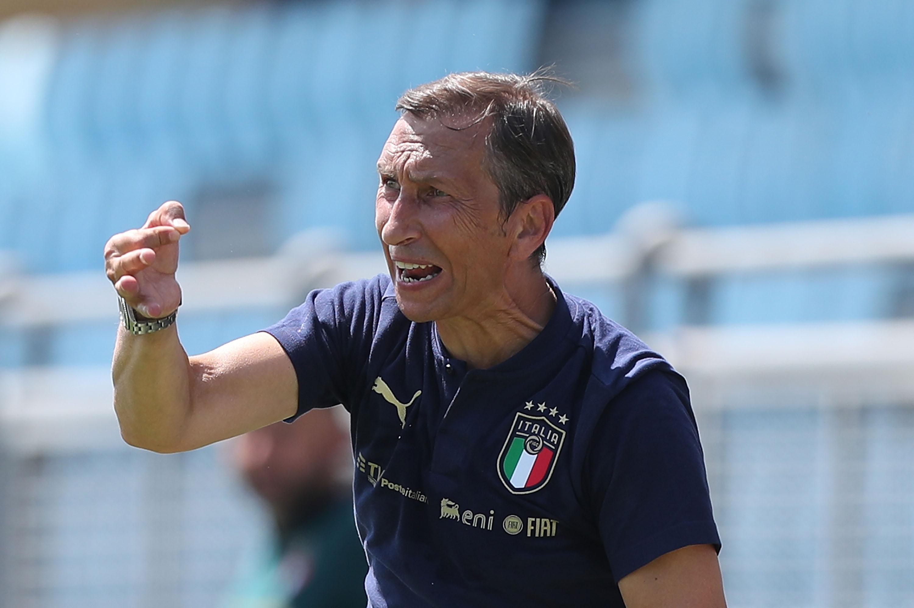 FLORENCE, ITALY - AUGUST 13: Carmine Nunziata manager of Italy U19 gestures during the match between Italy U19 and Albania U19 at Centro Tecnico Federale di Coverciano on August 13, 2021 in Florence, Italy. (Photo by Gabriele Maltinti/Getty Images)