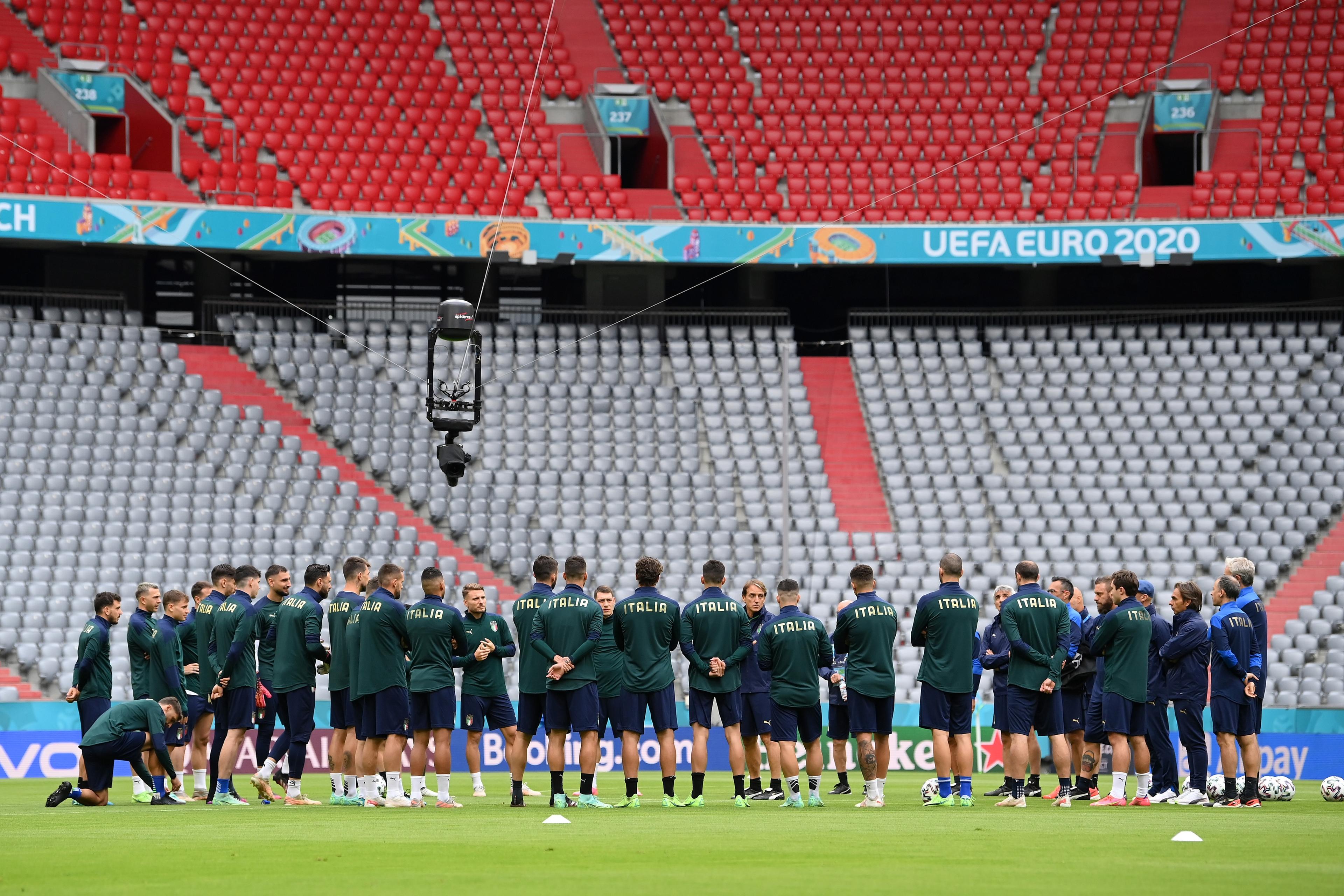 MUNICH, GERMANY - JULY 01: A general view inside the stadium as players of Italy gather prior to the Italy Training Session ahead of the Euro 2020 Quarter Final match between Italy and Belgium at Fussball Arena Muenchen on July 01, 2021 in Munich, Germany. (Photo by Sebastian Widmann - UEFA/UEFA via Getty Images)